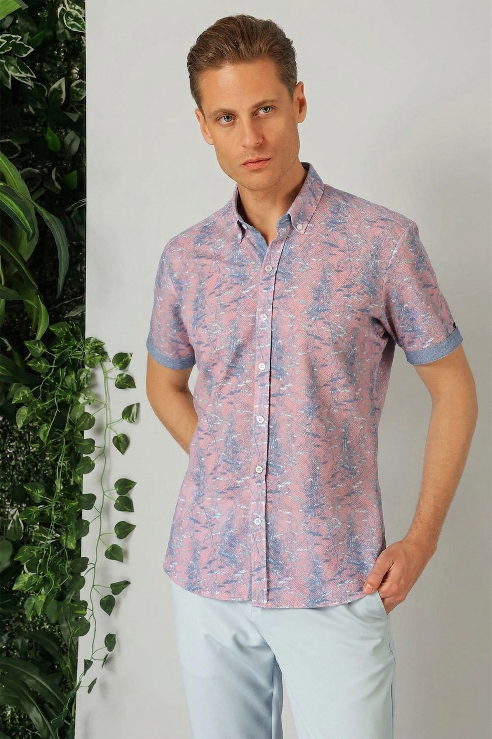 Slim Fit Düğmeli Yaka Desenli Kısa Kollu Pamuk Lila Gömlek G 1499