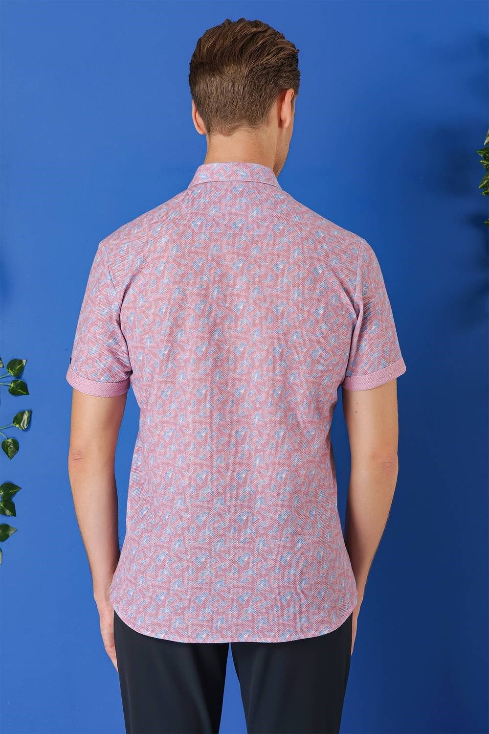 Slim Fit Düğmeli Yaka Desenli Kısa Kollu Pamuk Eflatun Gömlek G 1504