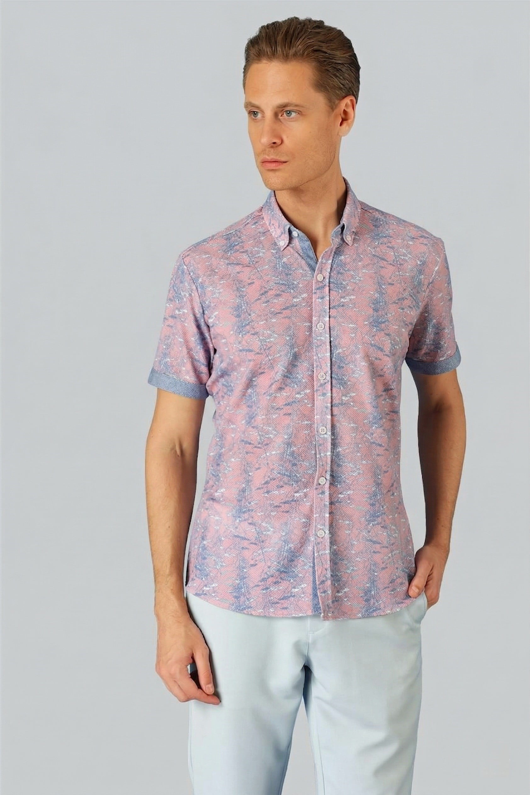 Slim Fit Düğmeli Yaka Desenli Kısa Kollu Pamuk Lila Gömlek G 1499
