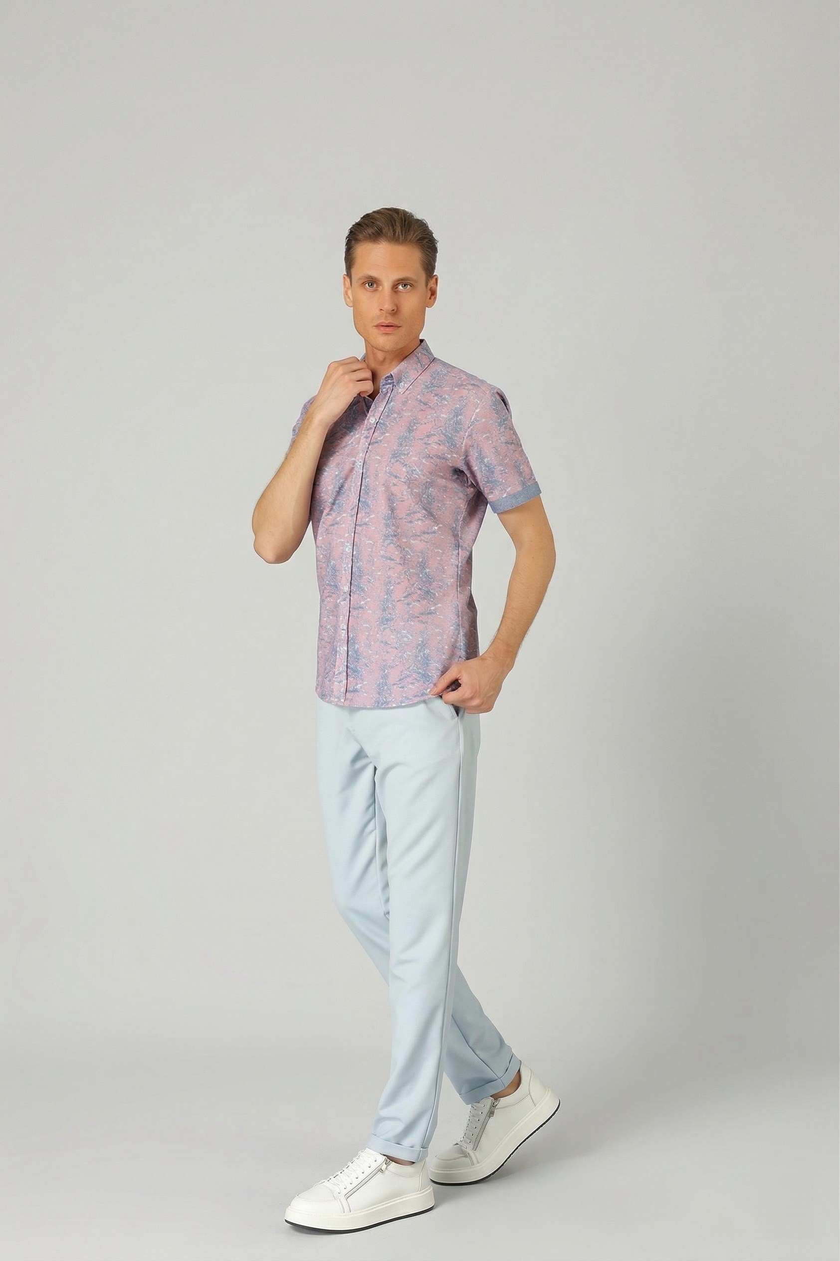 Slim Fit Düğmeli Yaka Desenli Kısa Kollu Pamuk Lila Gömlek G 1499