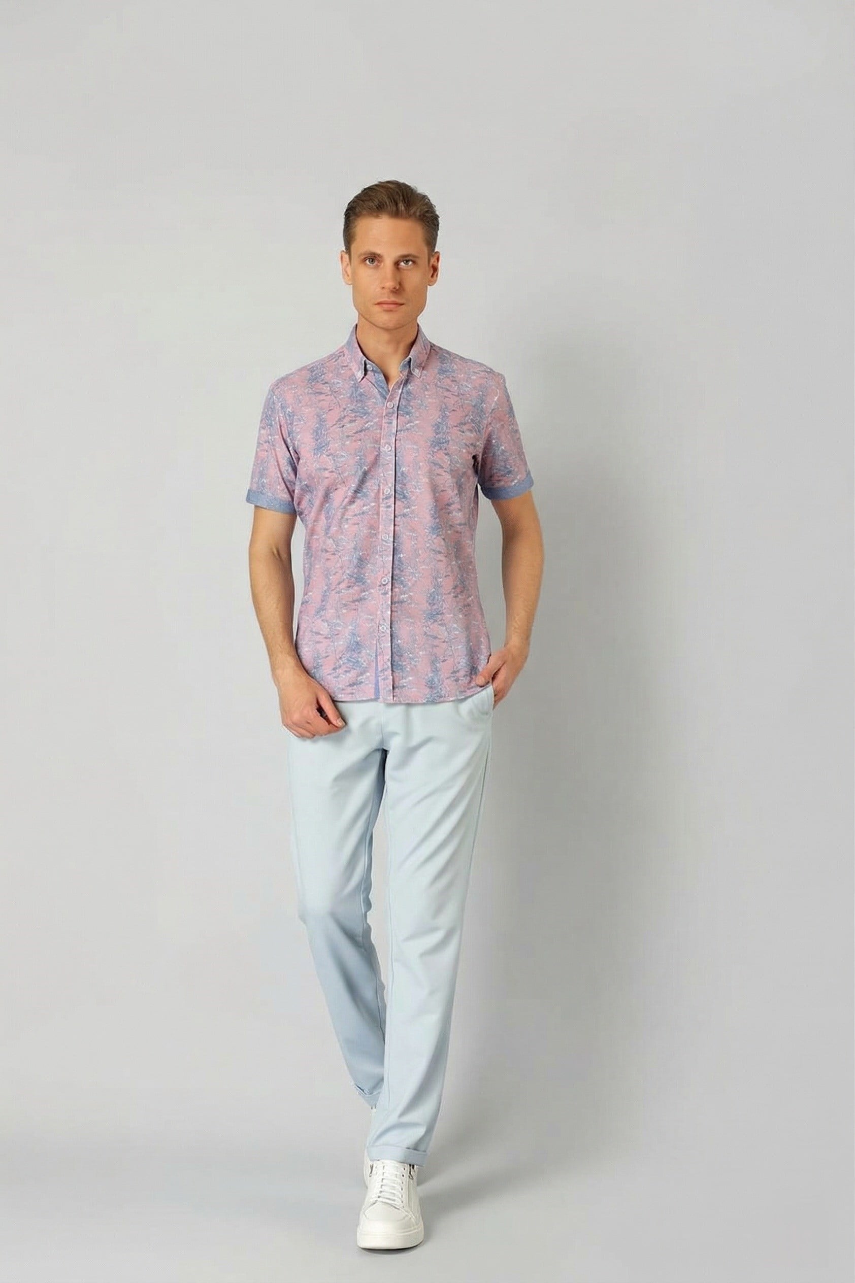 Slim Fit Düğmeli Yaka Desenli Kısa Kollu Pamuk Lila Gömlek G 1499