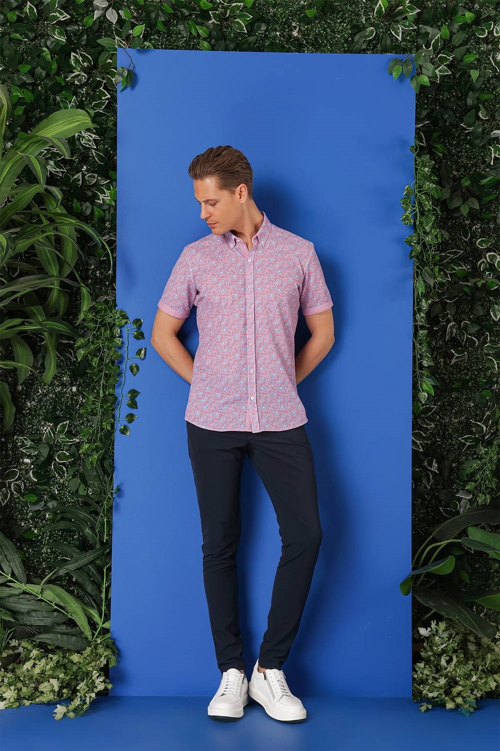Slim Fit Düğmeli Yaka Desenli Kısa Kollu Pamuk Eflatun Gömlek G 1504
