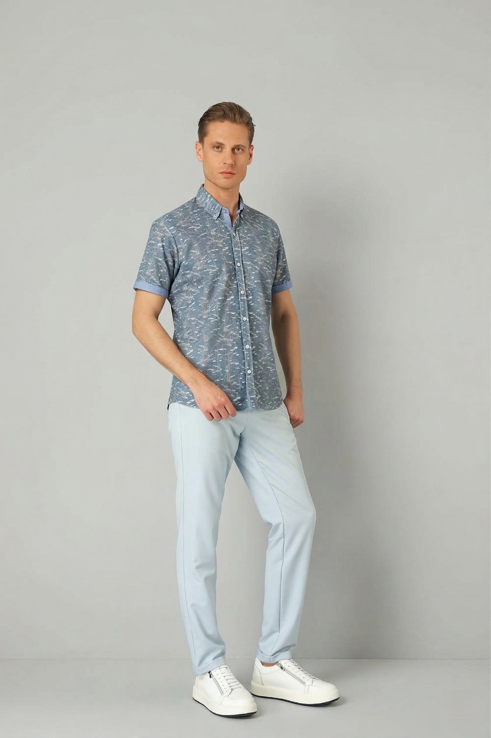 Slim Fit Düğmeli Yaka Desenli Kısa Kollu Pamuk Mavi Gömlek G 1499