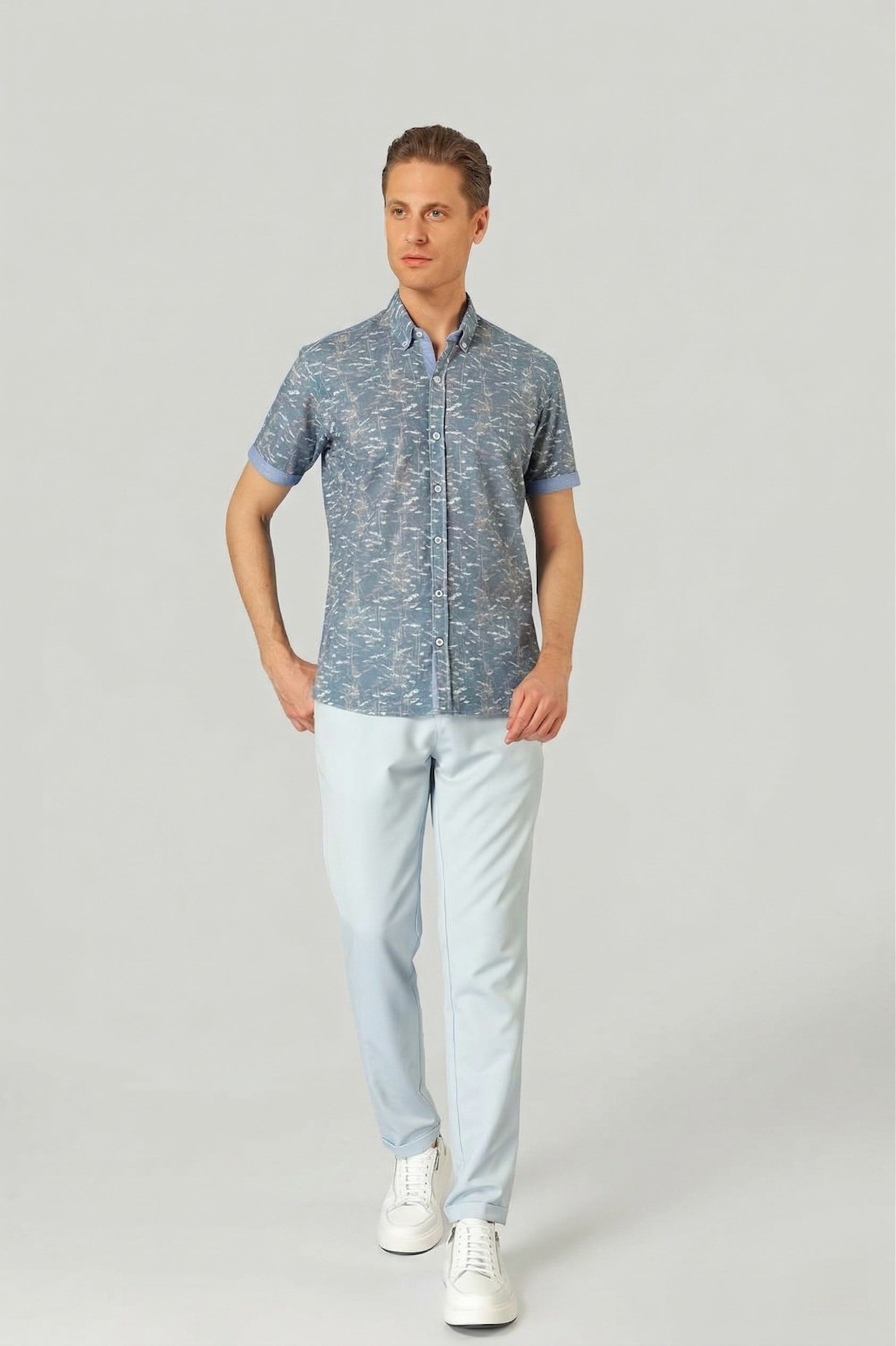 Slim Fit Düğmeli Yaka Desenli Kısa Kollu Pamuk Mavi Gömlek G 1499