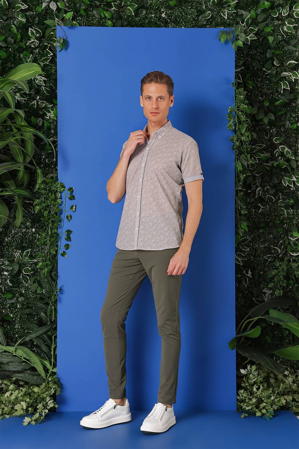 Slim Fit Düğmeli Yaka Desenli Kısa Kollu Pamuk Gri Gömlek G 1504