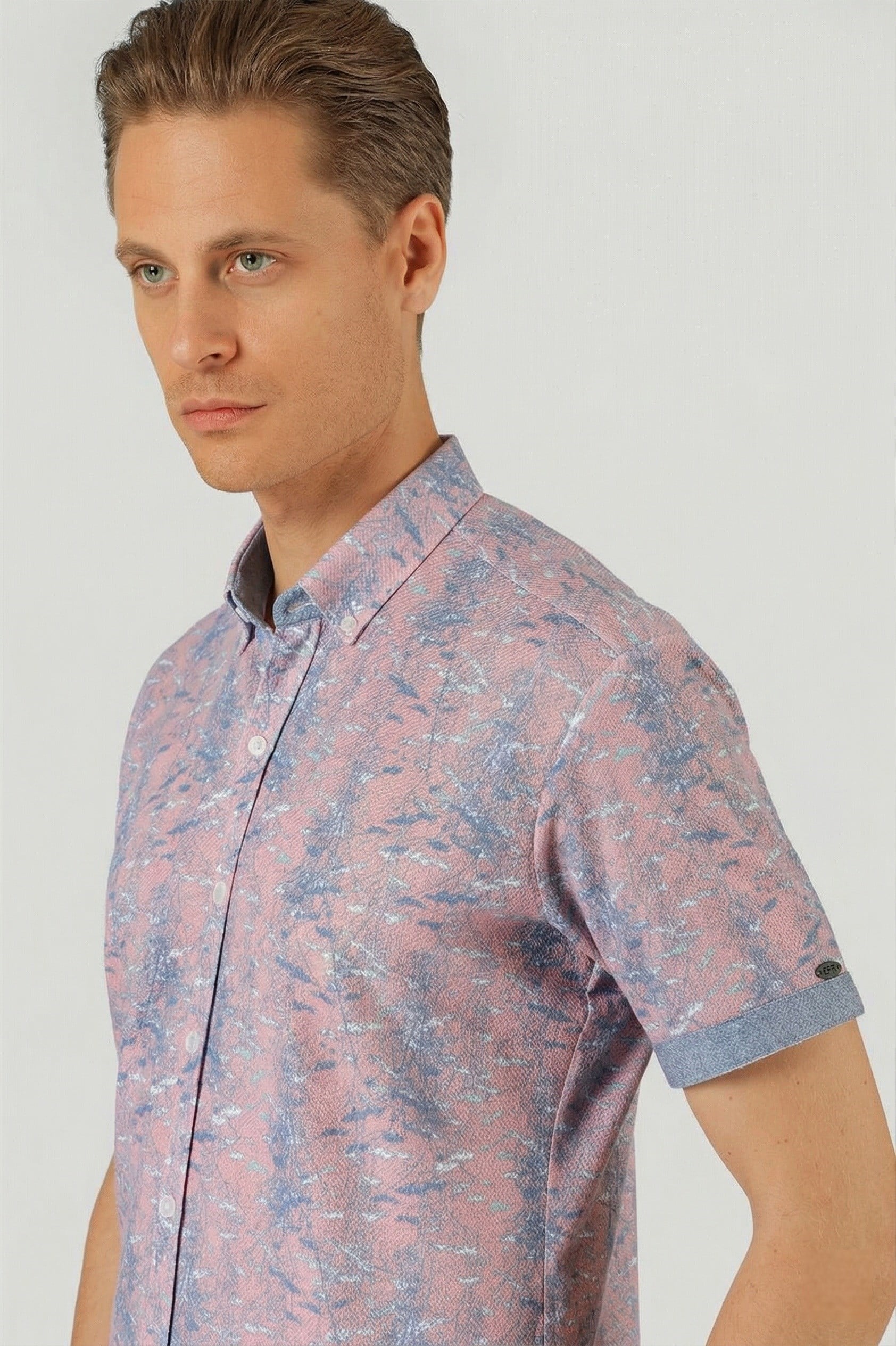 Slim Fit Düğmeli Yaka Desenli Kısa Kollu Pamuk Lila Gömlek G 1499