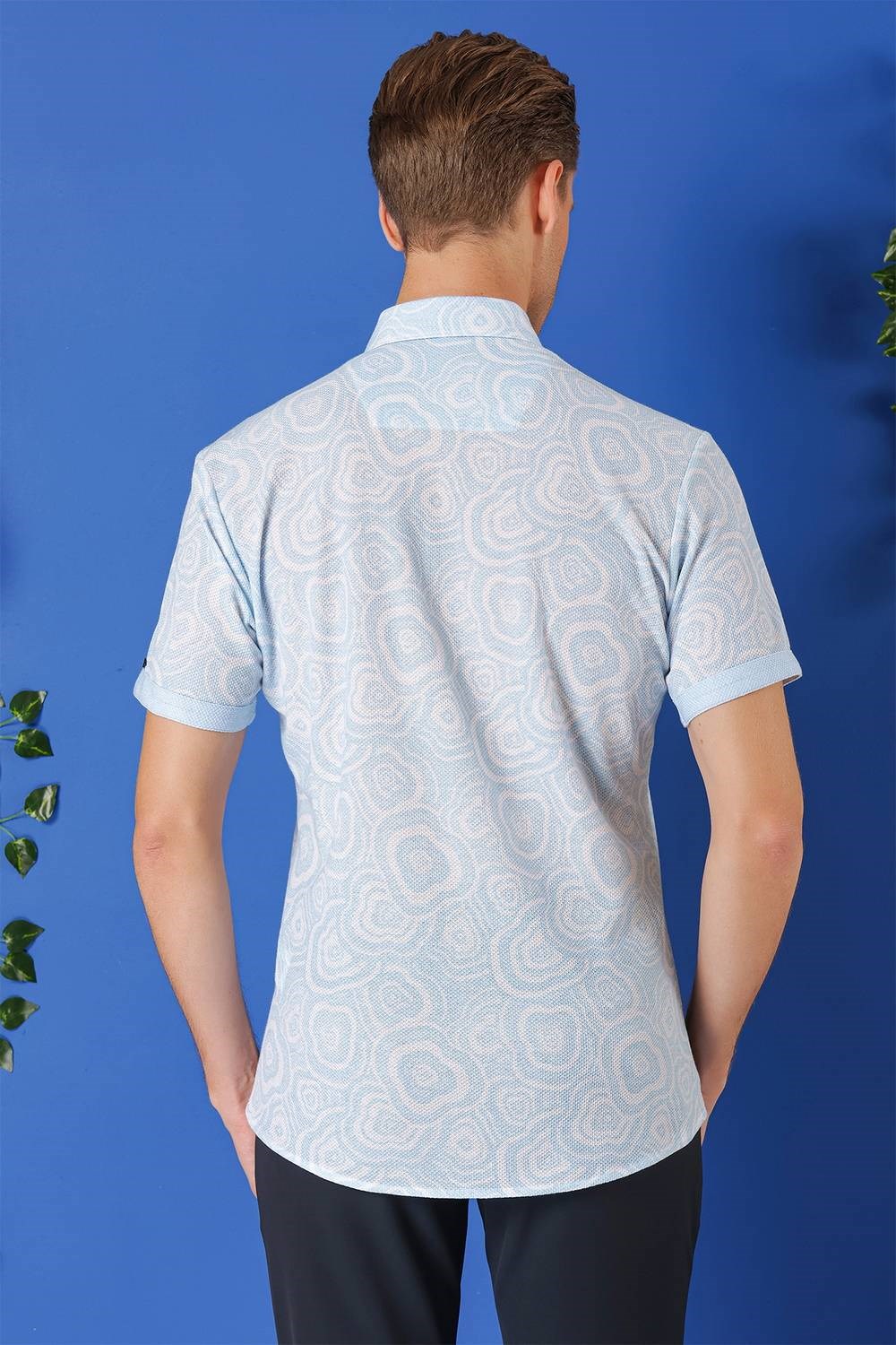 Slim Fit Düğmeli Yaka Desenli Kısa Kollu Pamuk Mavi Gömlek G 1503