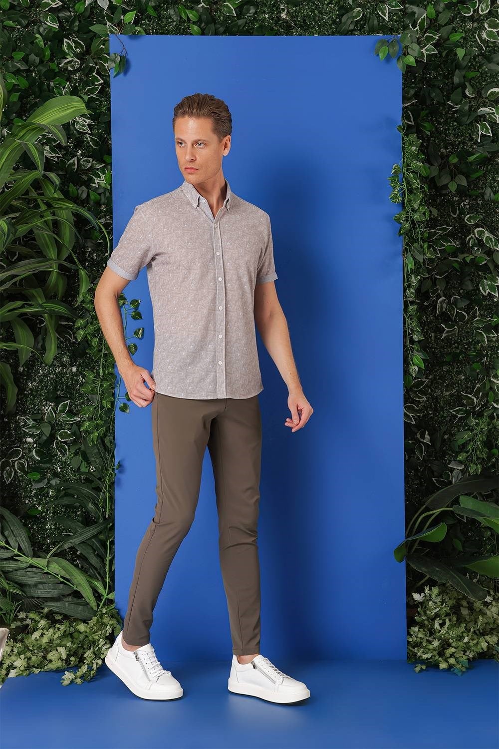 Slim Fit Düğmeli Yaka Desenli Kısa Kollu Pamuk Gri Gömlek G 1504