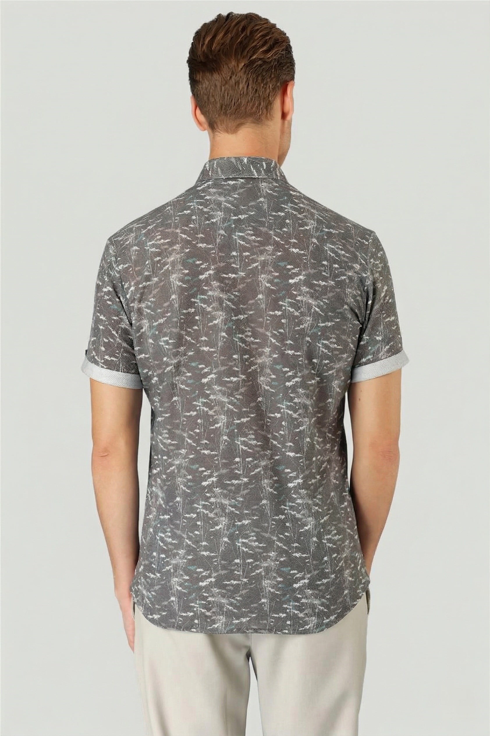 Slim Fit Düğmeli Yaka Desenli Kısa Kollu Pamuk Füme Gömlek G 1499