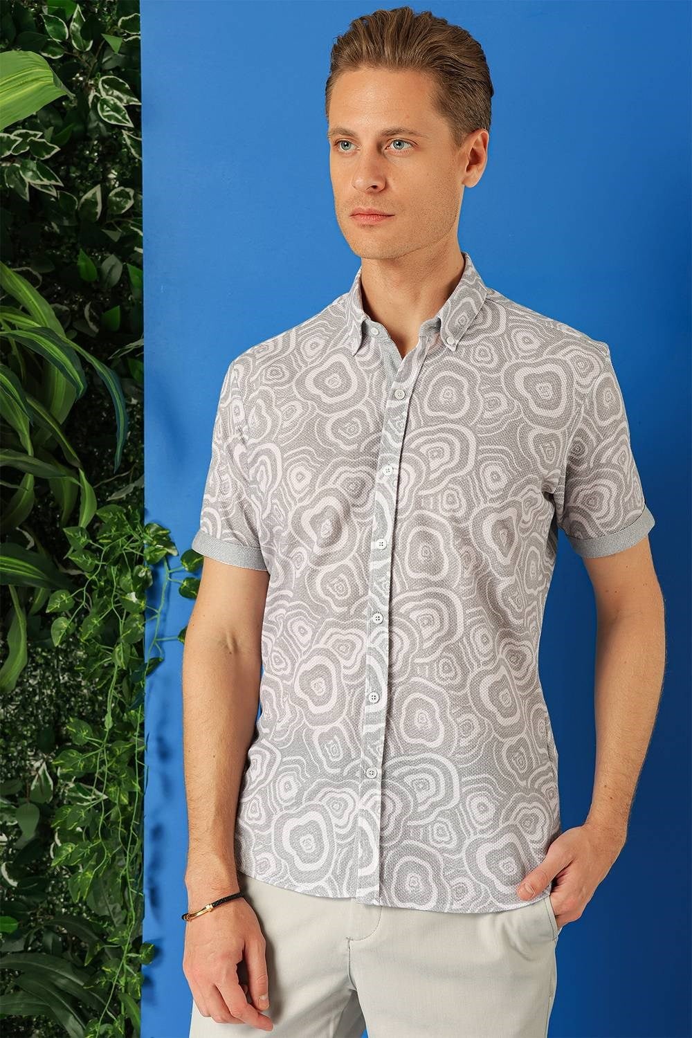 Slim Fit Düğmeli Yaka Desenli Kısa Kollu Pamuk Gri Gömlek G 1503