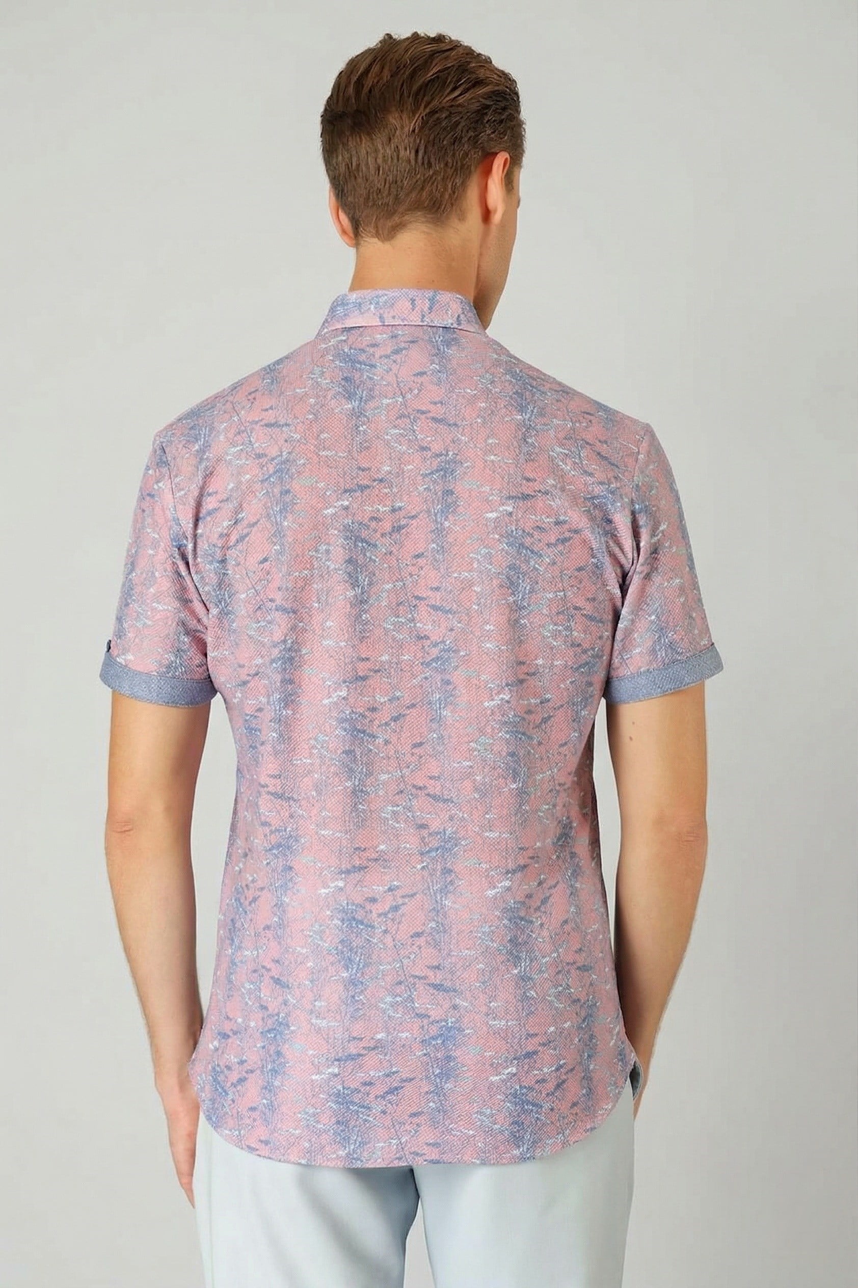 Slim Fit Düğmeli Yaka Desenli Kısa Kollu Pamuk Lila Gömlek G 1499