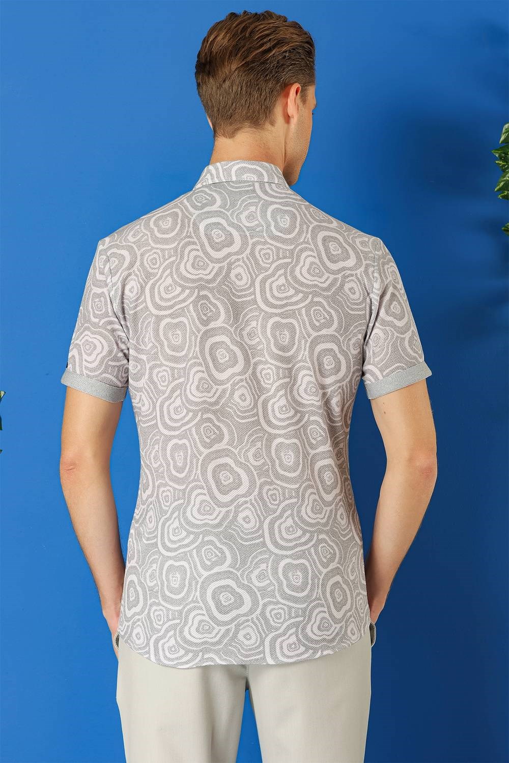 Slim Fit Düğmeli Yaka Desenli Kısa Kollu Pamuk Gri Gömlek G 1503