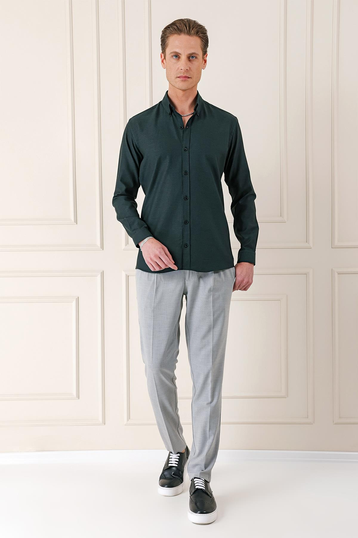 Slim Fit Düğmeli Yaka Dokulu %100 Pamuk Klasik Siyah Gömlek Gk 724