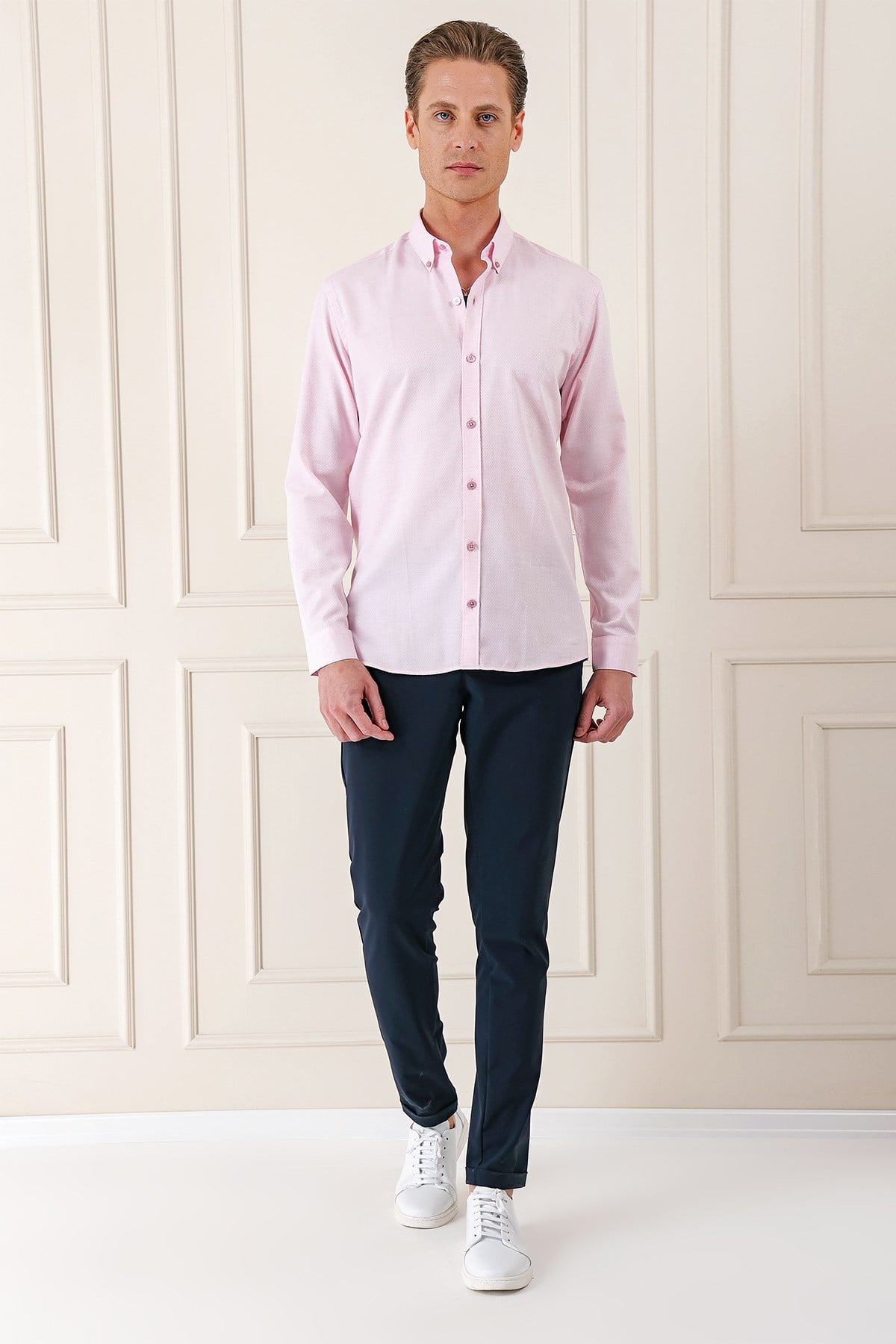 Slim Fit Düğmeli Yaka Dokulu %100 Pamuk Pudra Gömlek Gk 724