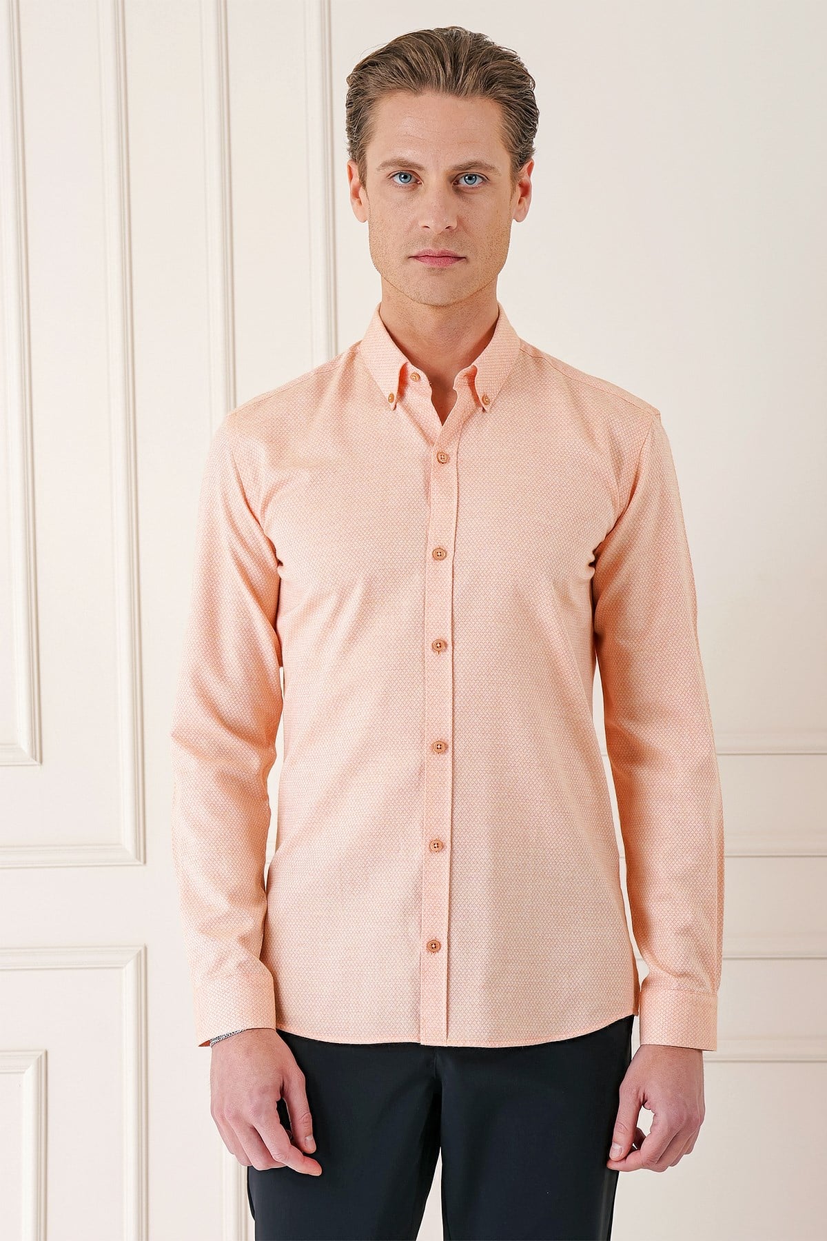 Slim Fit Düğmeli Yaka Dokulu %100 Pamuk Somon Gömlek Gk 724