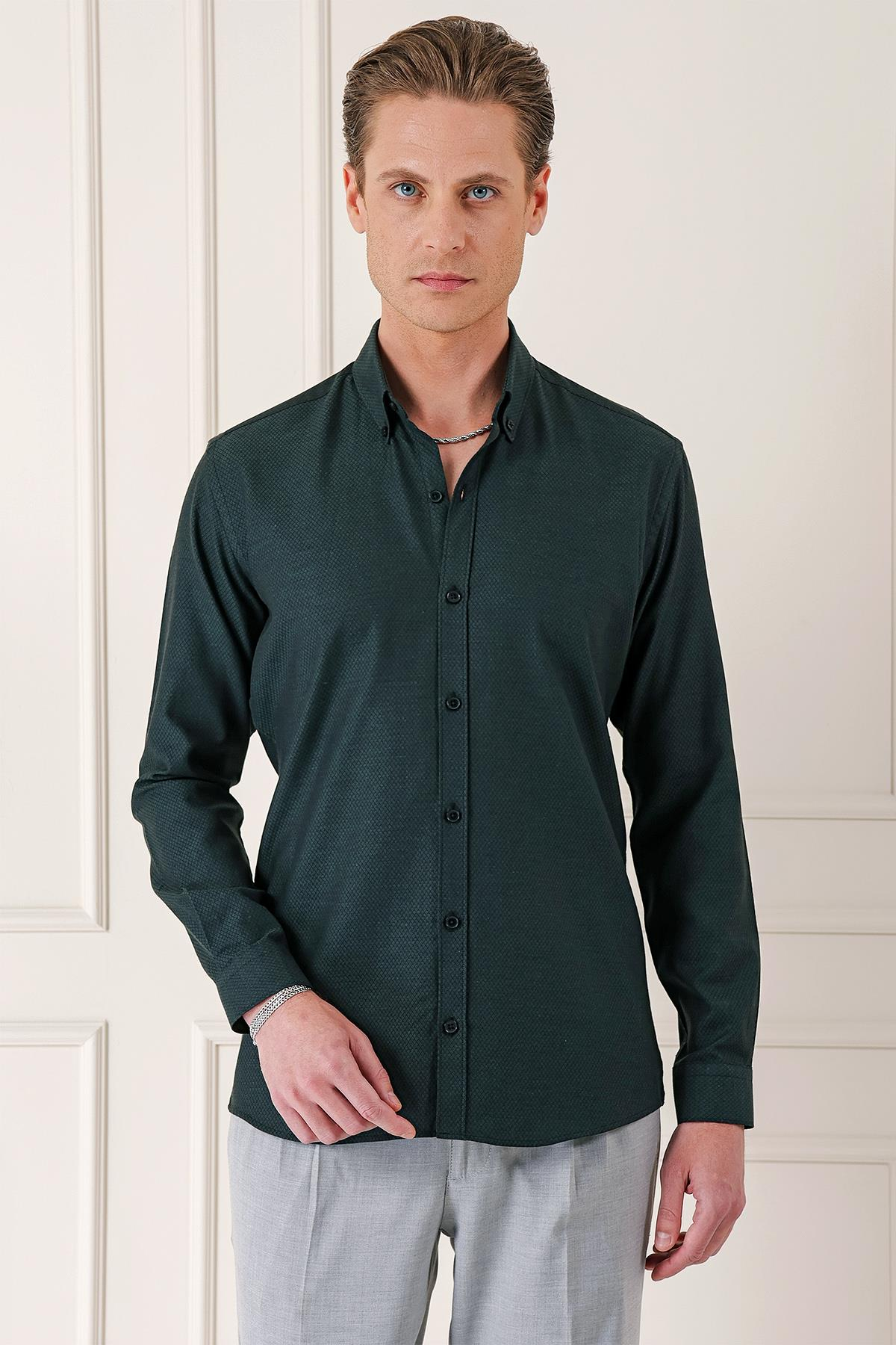 Slim Fit Düğmeli Yaka Dokulu %100 Pamuk Klasik Siyah Gömlek Gk 724
