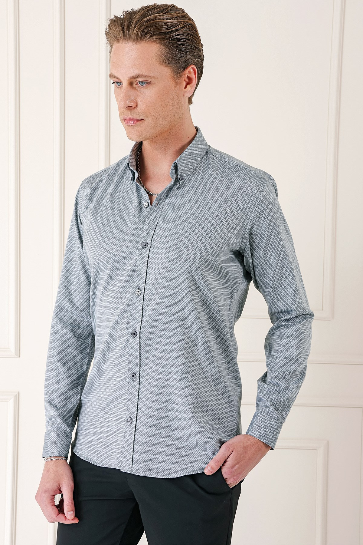 Slim Fit Düğmeli Yaka Dokulu %100 Pamuk Gri Gömlek Gk 724