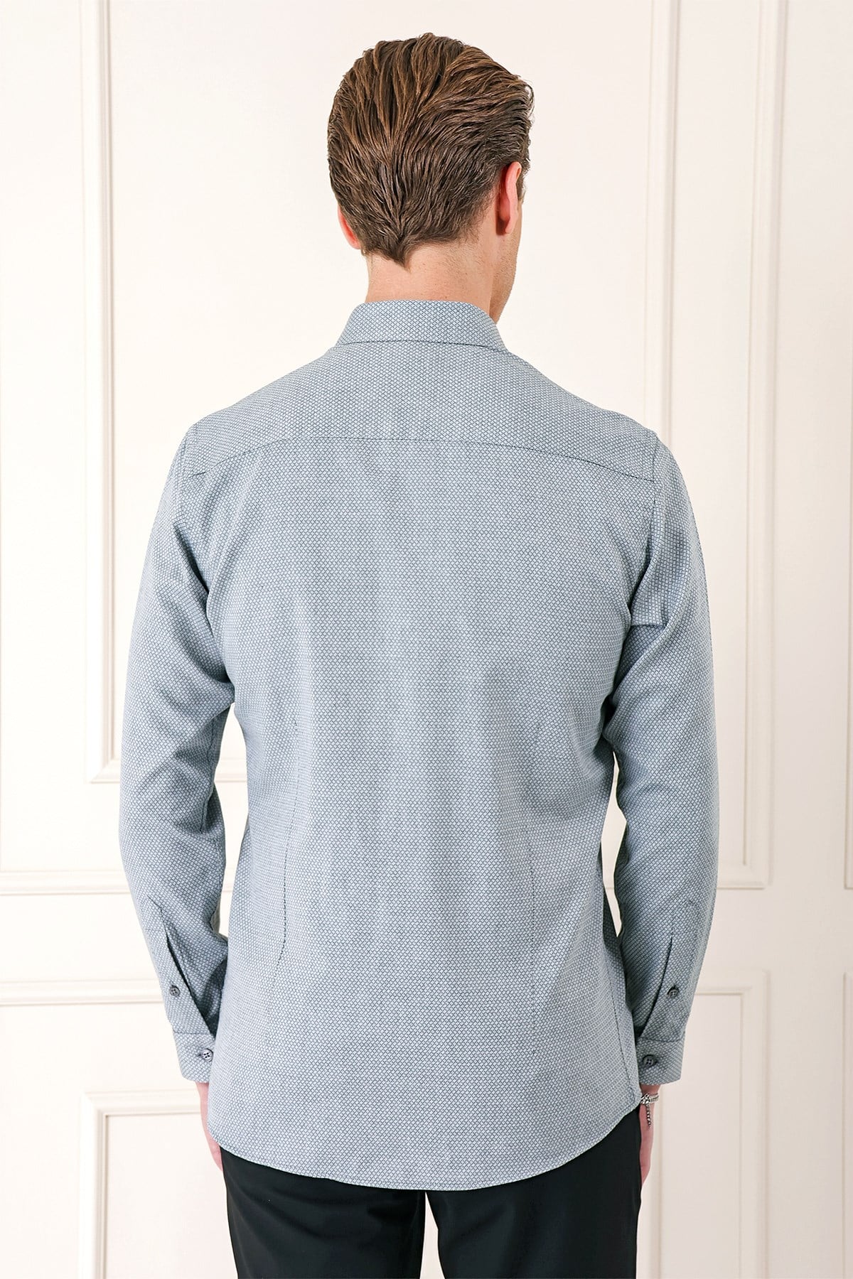 Slim Fit Düğmeli Yaka Dokulu %100 Pamuk Gri Gömlek Gk 724