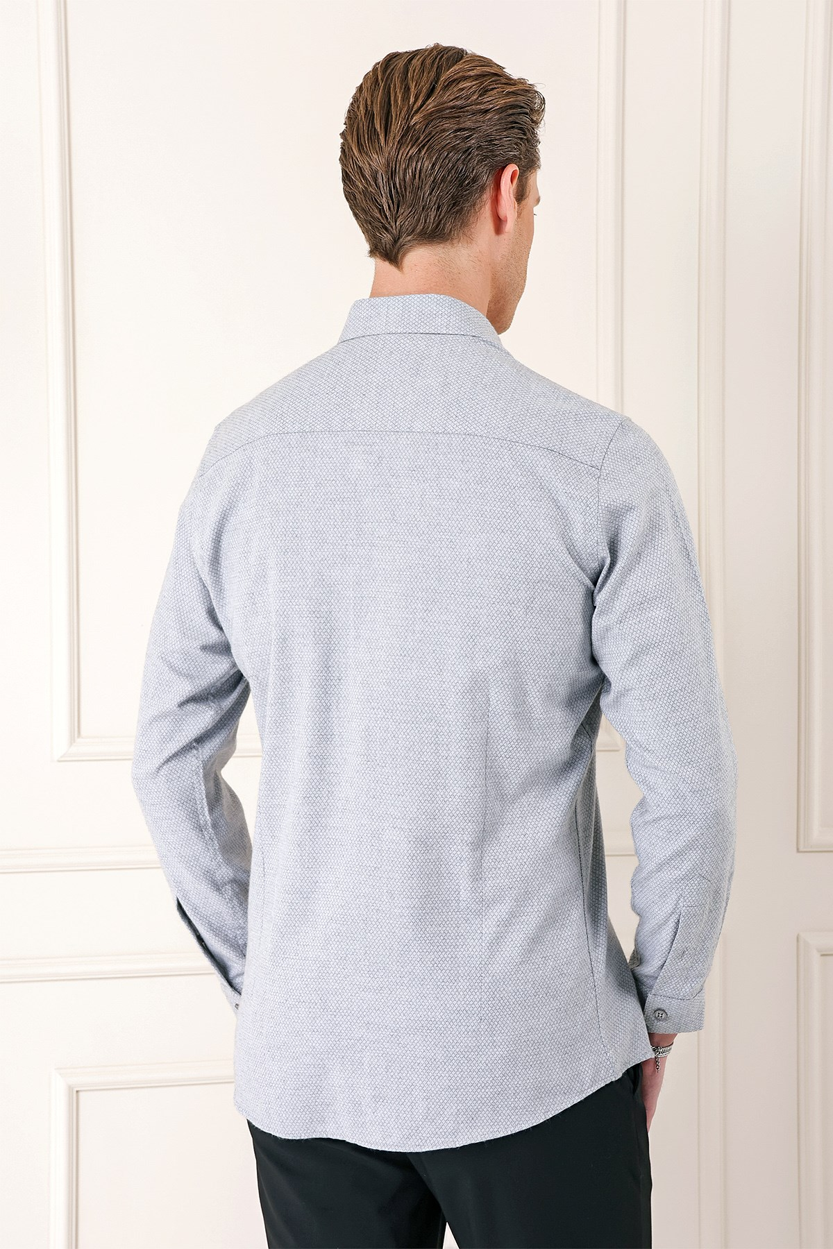 Slim Fit Düğmeli Yaka Dokulu %100 Pamuk Klasik Açık Gri Gömlek Gk 724