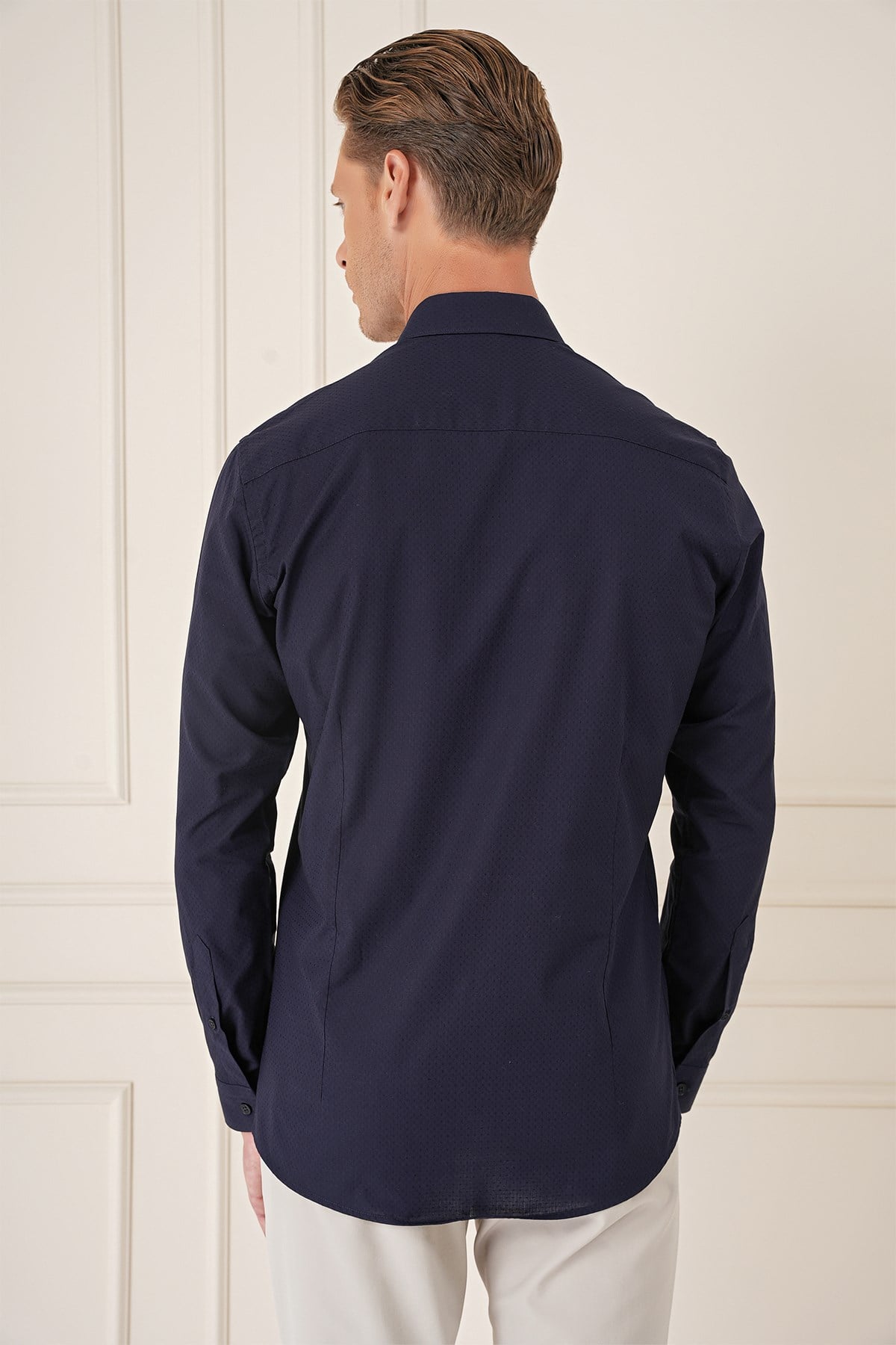 Slim Fit Düğmeli Yaka Dokulu %100 Pamuk Lacivert Gömlek Gk 726