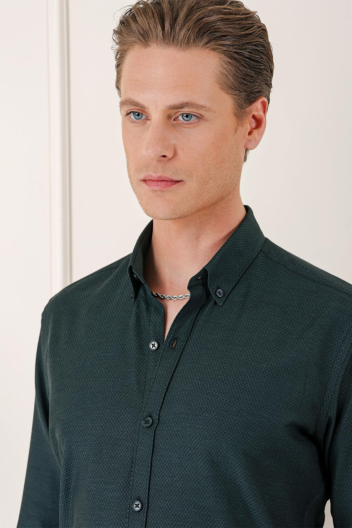 Slim Fit Düğmeli Yaka Dokulu %100 Pamuk Klasik Siyah Gömlek Gk 724