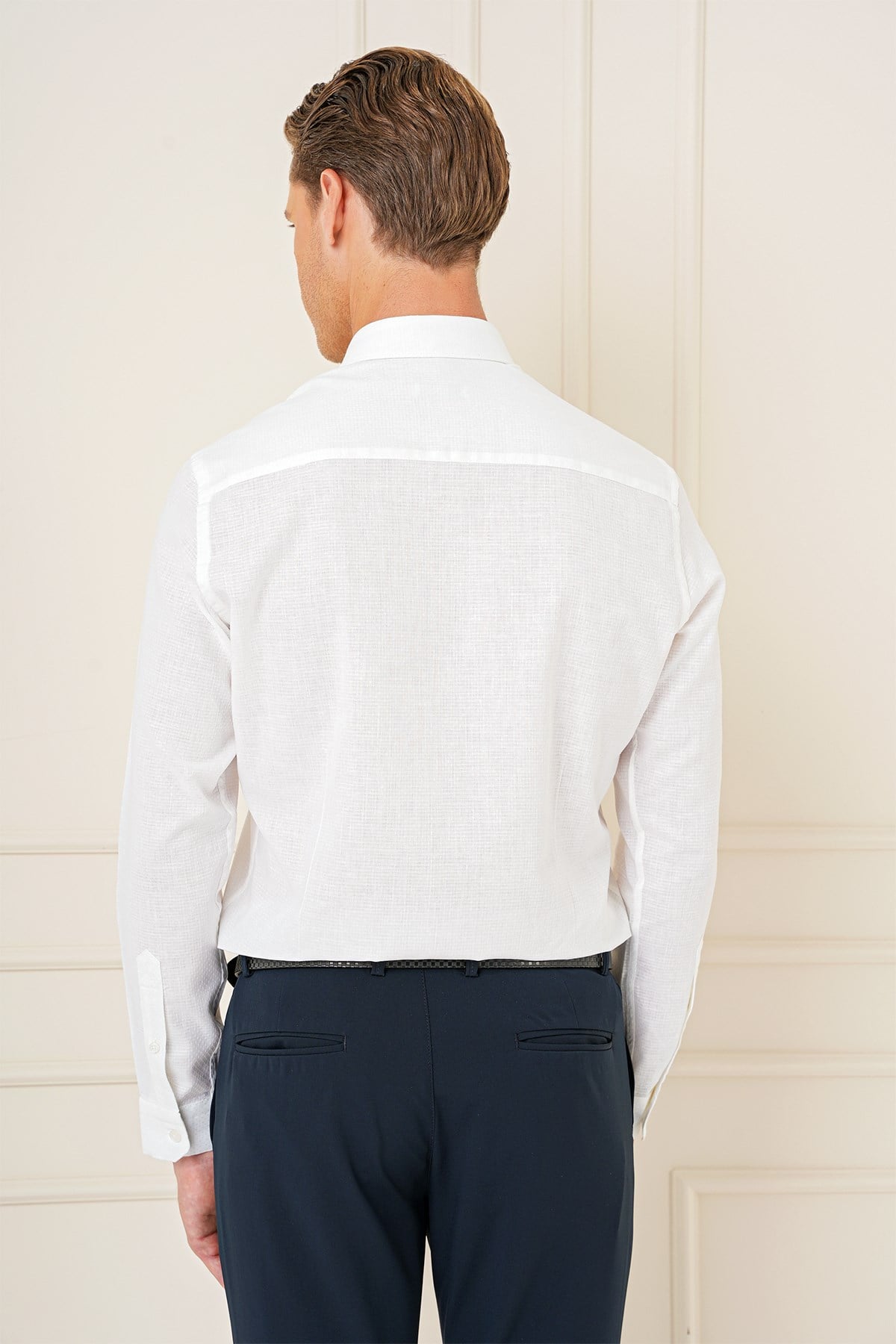 Slim Fit Düğmeli Yaka Dokulu %100 Pamuk Beyaz Gömlek Gk 726