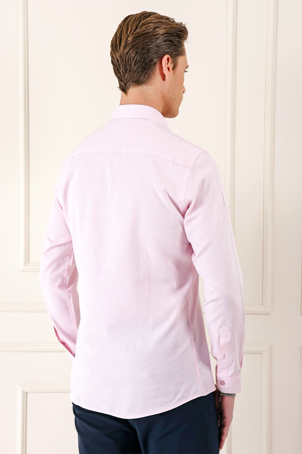 Slim Fit Düğmeli Yaka Dokulu %100 Pamuk Pudra Gömlek Gk 724