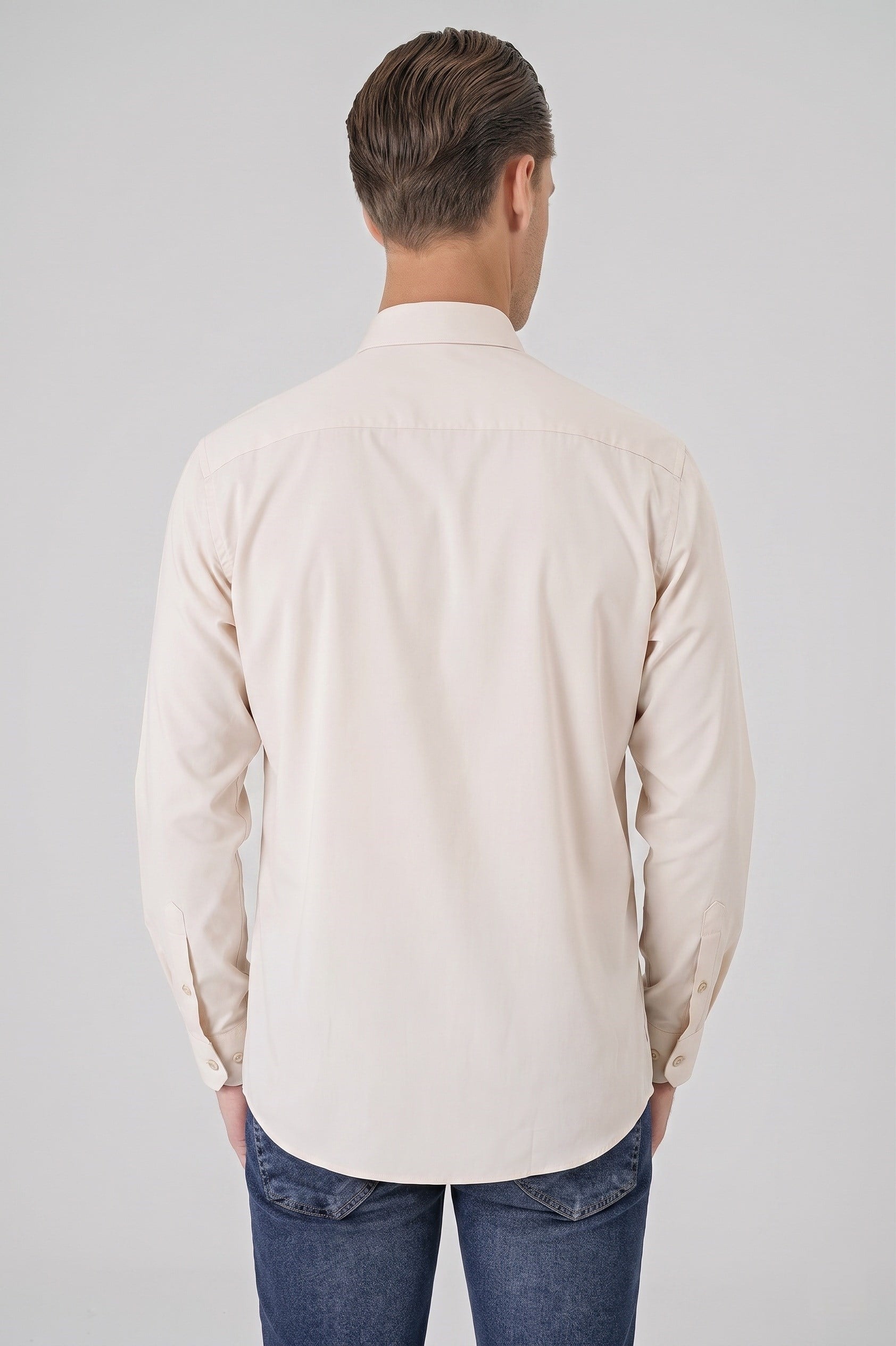Slim Fit Düğmeli Yaka Esnek Pamuk Bej Gömlek Gk 727