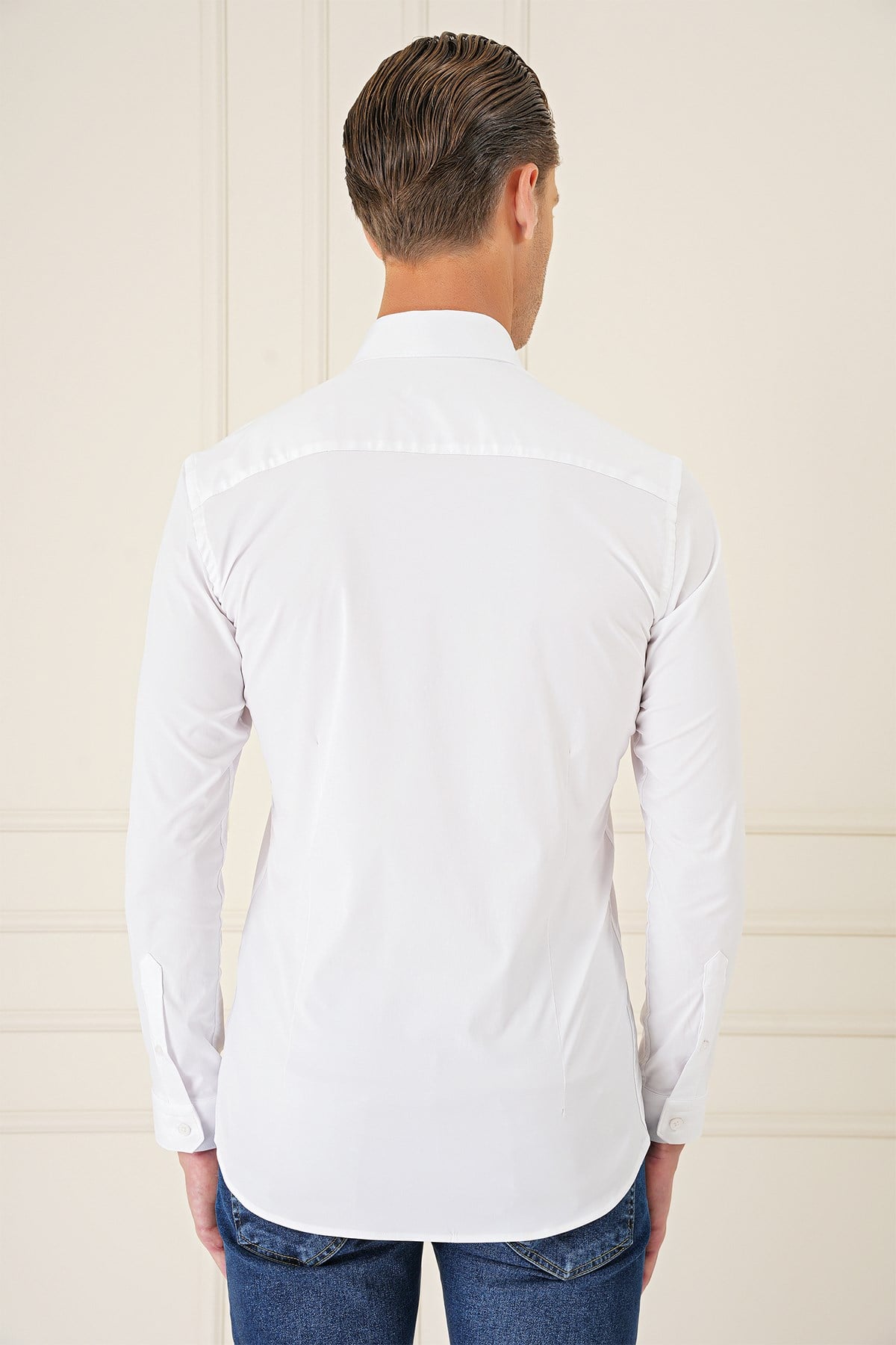 Slim Fit Düğmeli Yaka Esnek Pamuk Beyaz Gömlek Gk 727