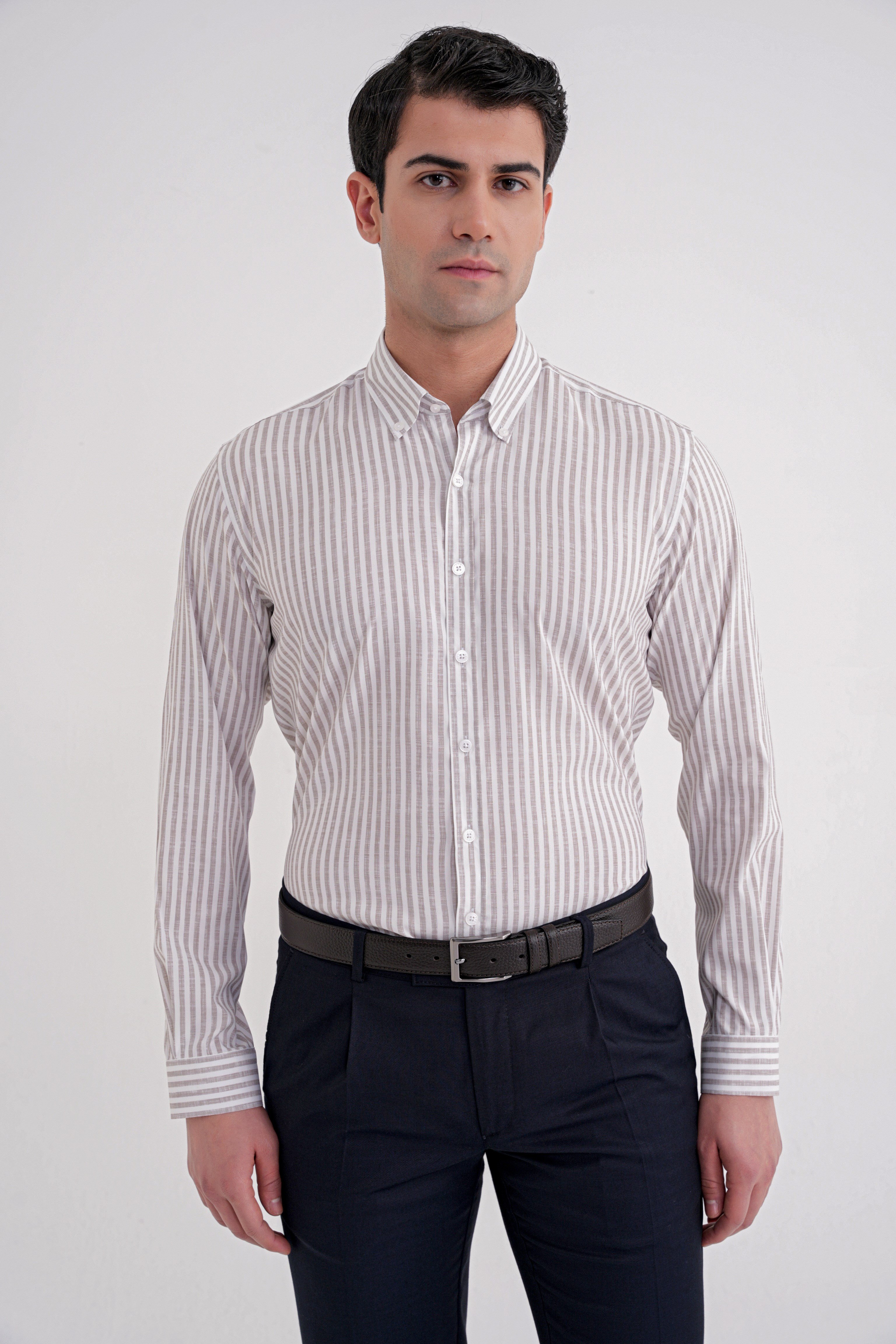 Slim Fit Düğmeli Yaka Esnek Pamuk Çizgili Bej Gömlek G 1598