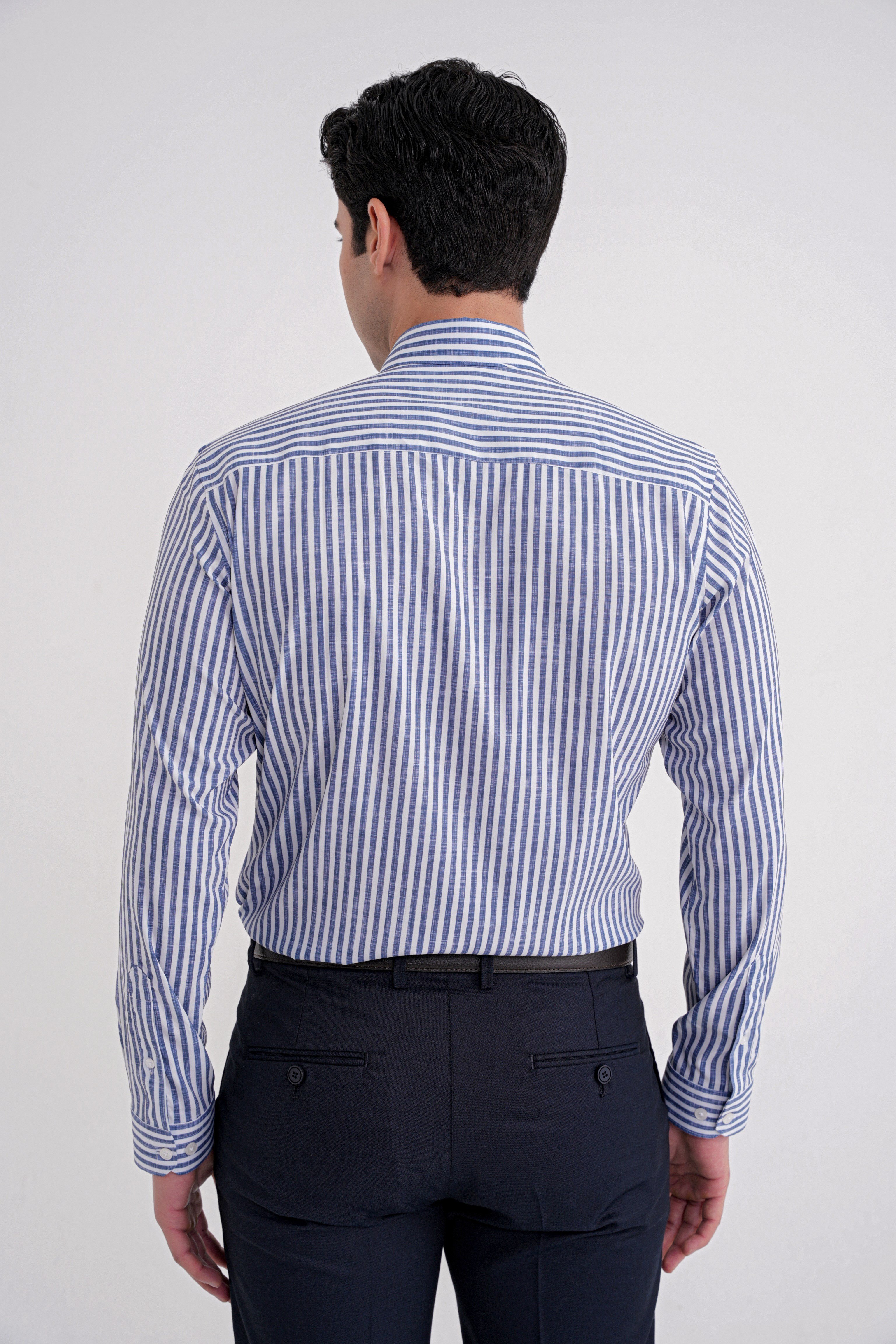 Slim Fit Düğmeli Yaka Esnek Pamuk Çizgili Lacivert Gömlek G 1598