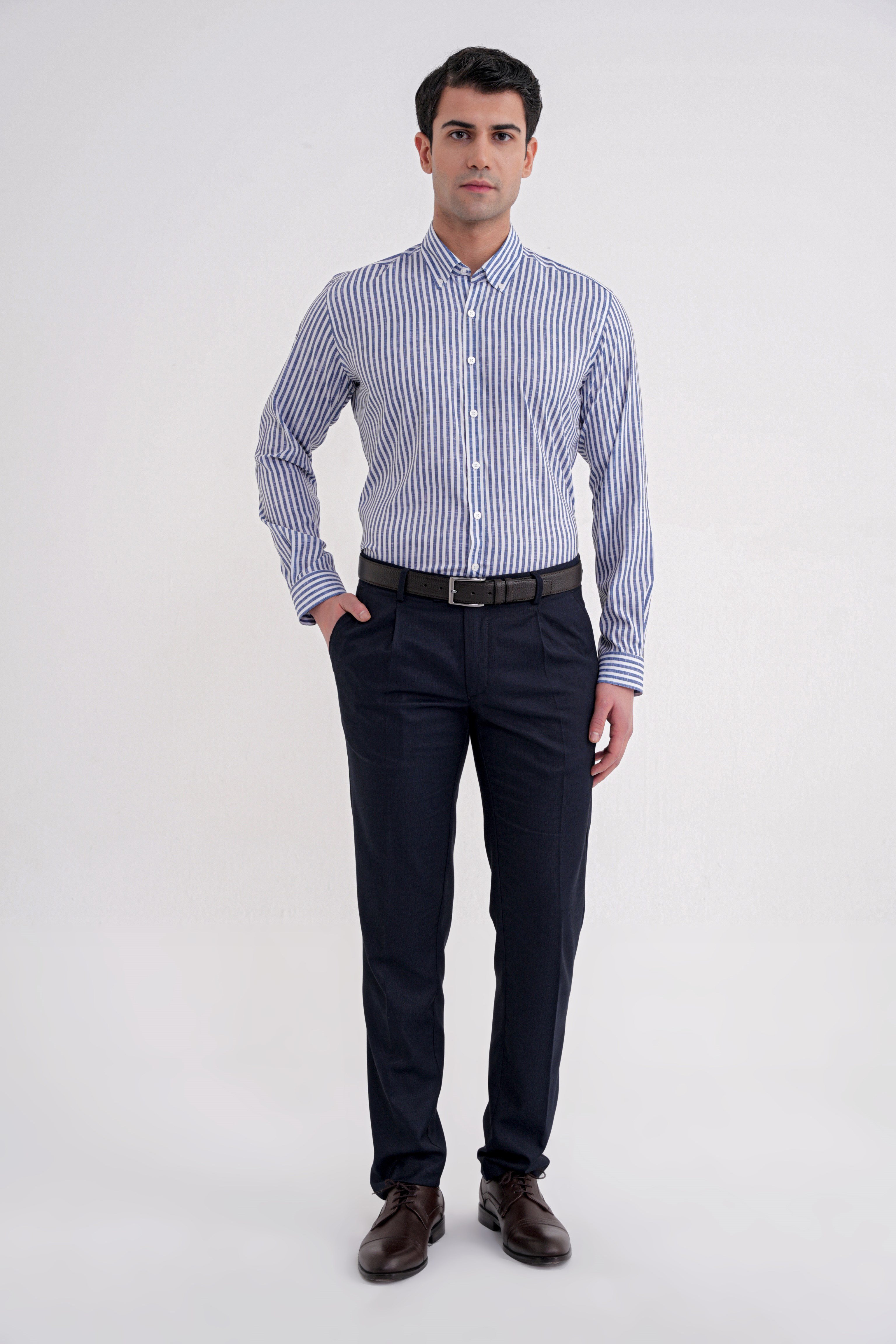 Slim Fit Düğmeli Yaka Esnek Pamuk Çizgili Lacivert Gömlek G 1598