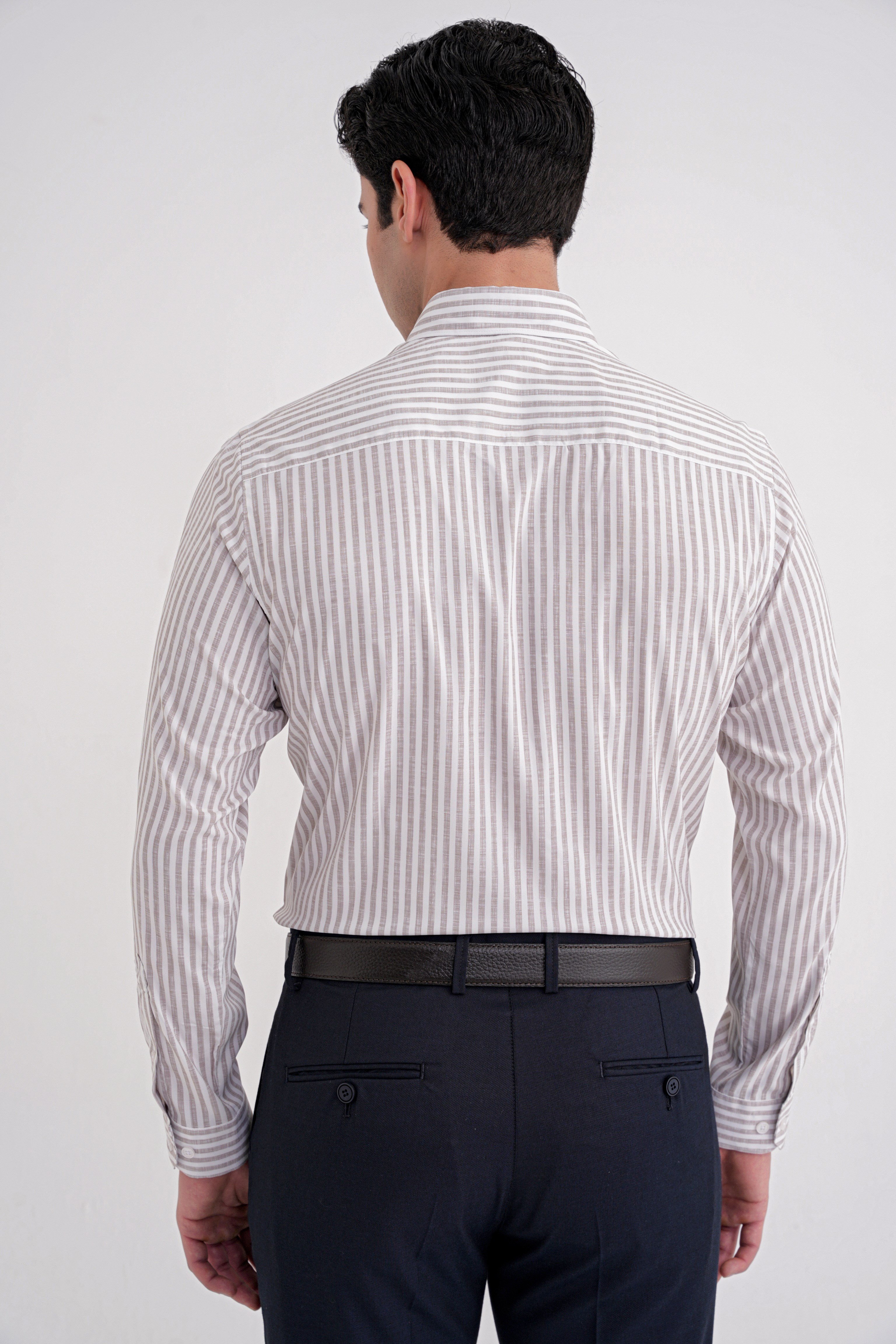 Slim Fit Düğmeli Yaka Esnek Pamuk Çizgili Bej Gömlek G 1598