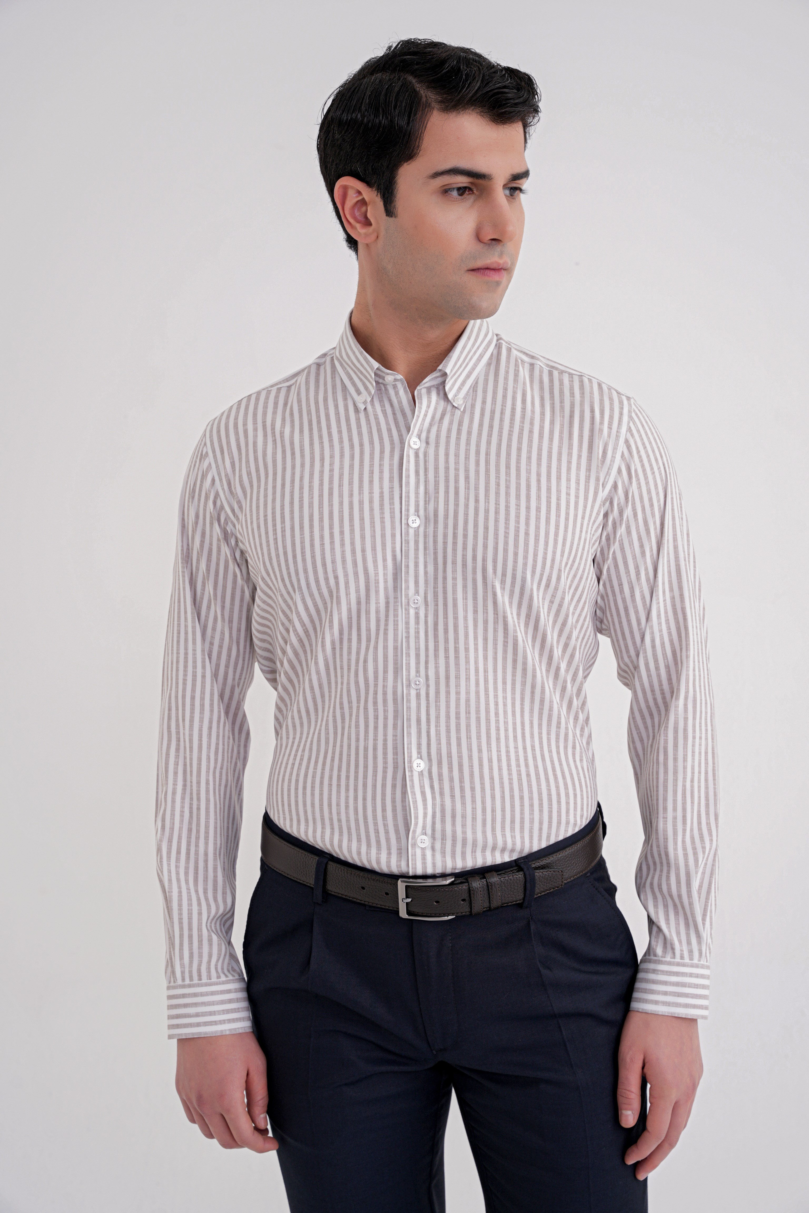Slim Fit Düğmeli Yaka Esnek Pamuk Çizgili Bej Gömlek G 1598