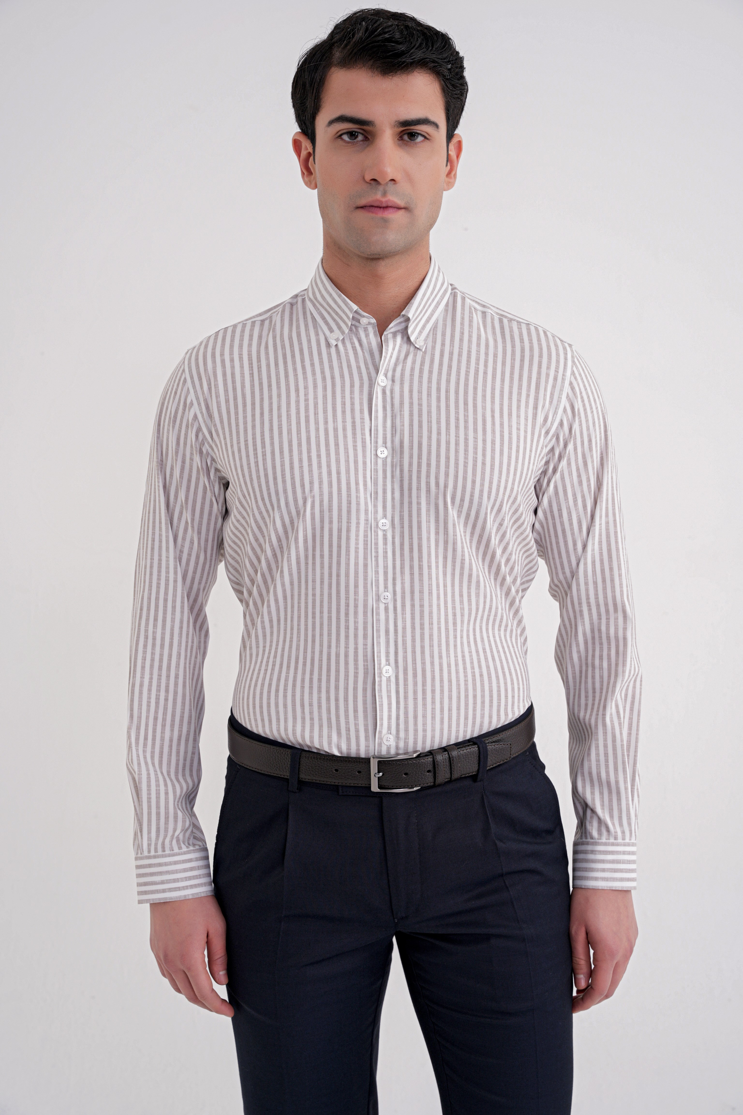 Slim Fit Düğmeli Yaka Esnek Pamuk Çizgili Bej Gömlek G 1598