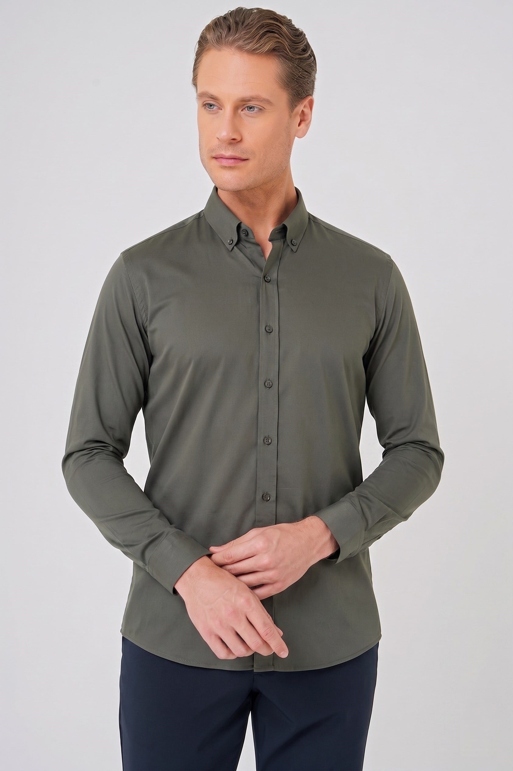 Slim Fit Düğmeli Yaka Esnek Pamuk Haki Gömlek Gk 727