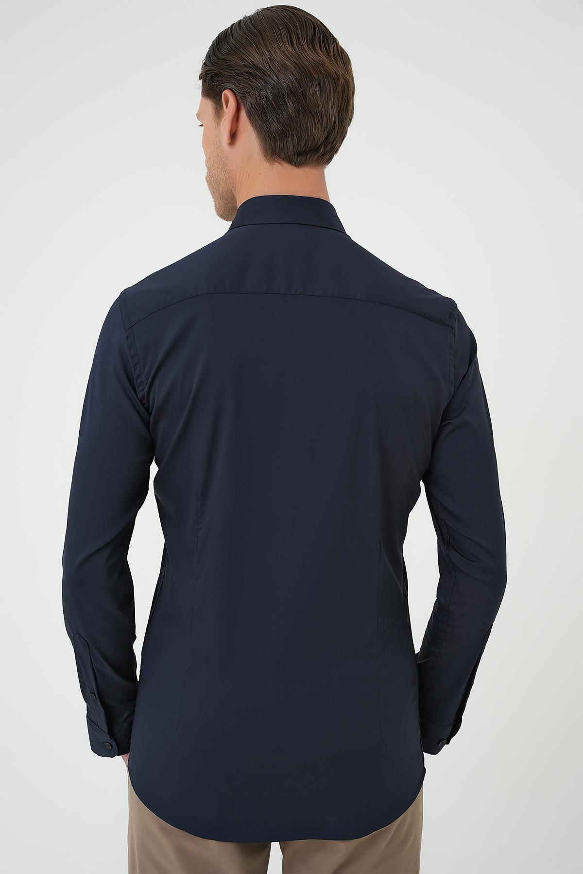 Slim Fit Düğmeli Yaka Esnek Pamuk Klasik Lacivert Gömlek Gk 727