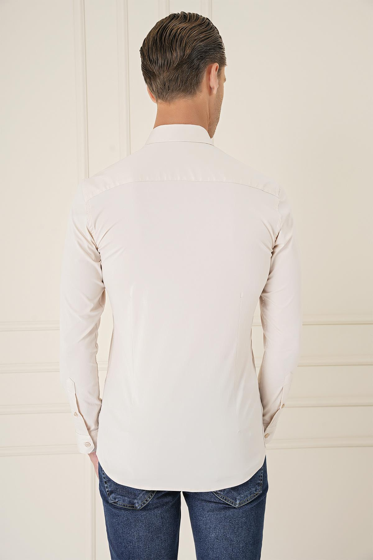 Slim Fit Düğmeli Yaka Esnek Pamuk Klasik Bej Gömlek Gk 727