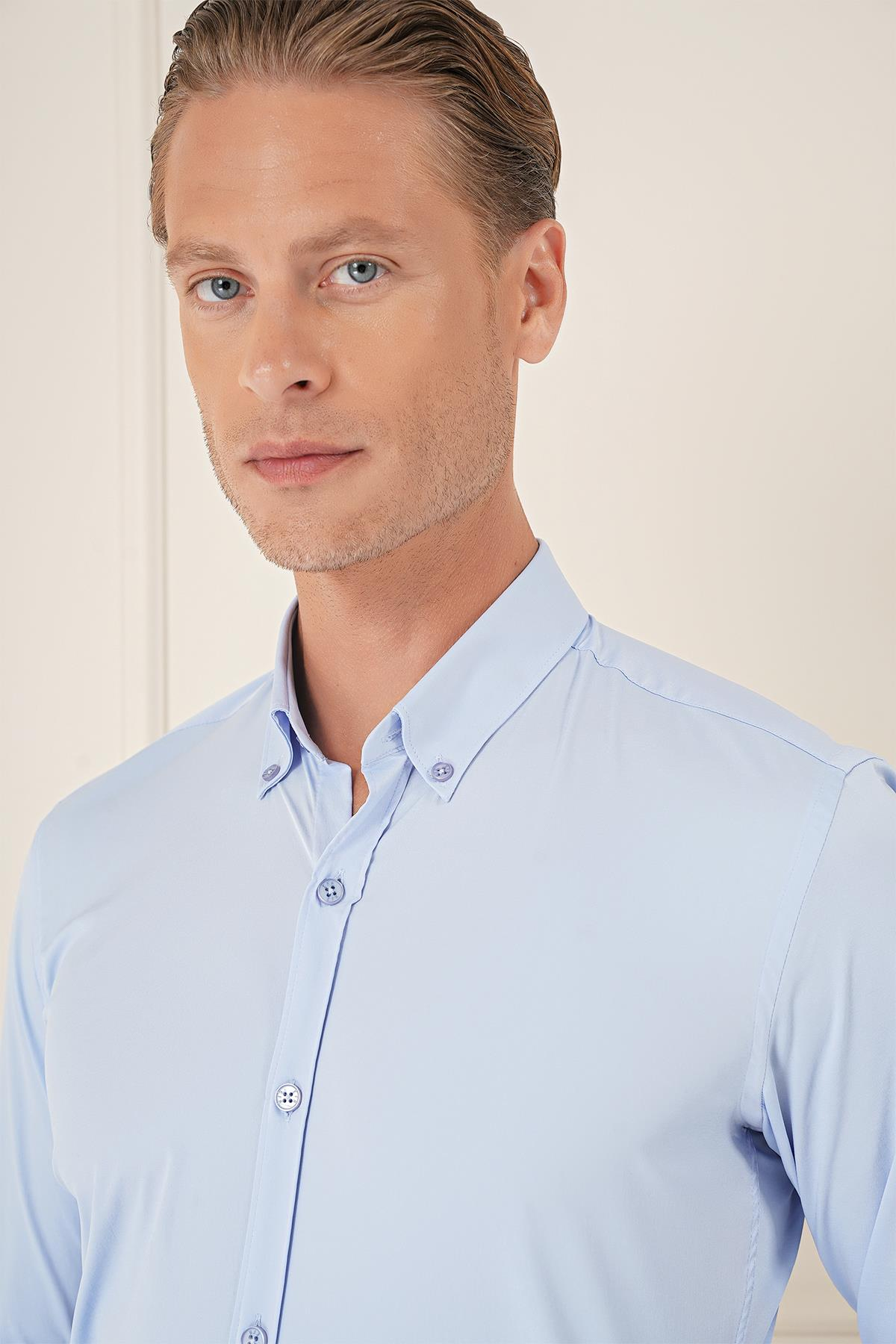 Slim Fit Düğmeli Yaka Esnek Pamuk Klasik Mavi Gömlek Gk 727