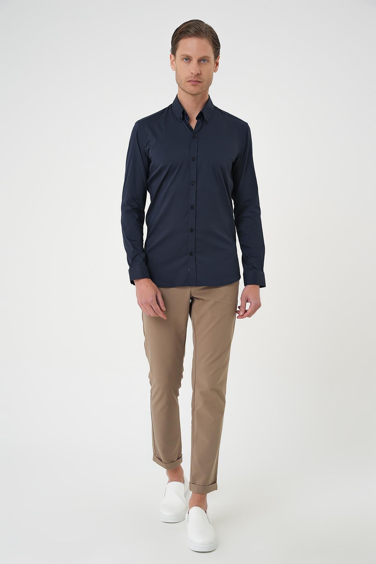 Slim Fit Düğmeli Yaka Esnek Pamuk Klasik Lacivert Gömlek Gk 727