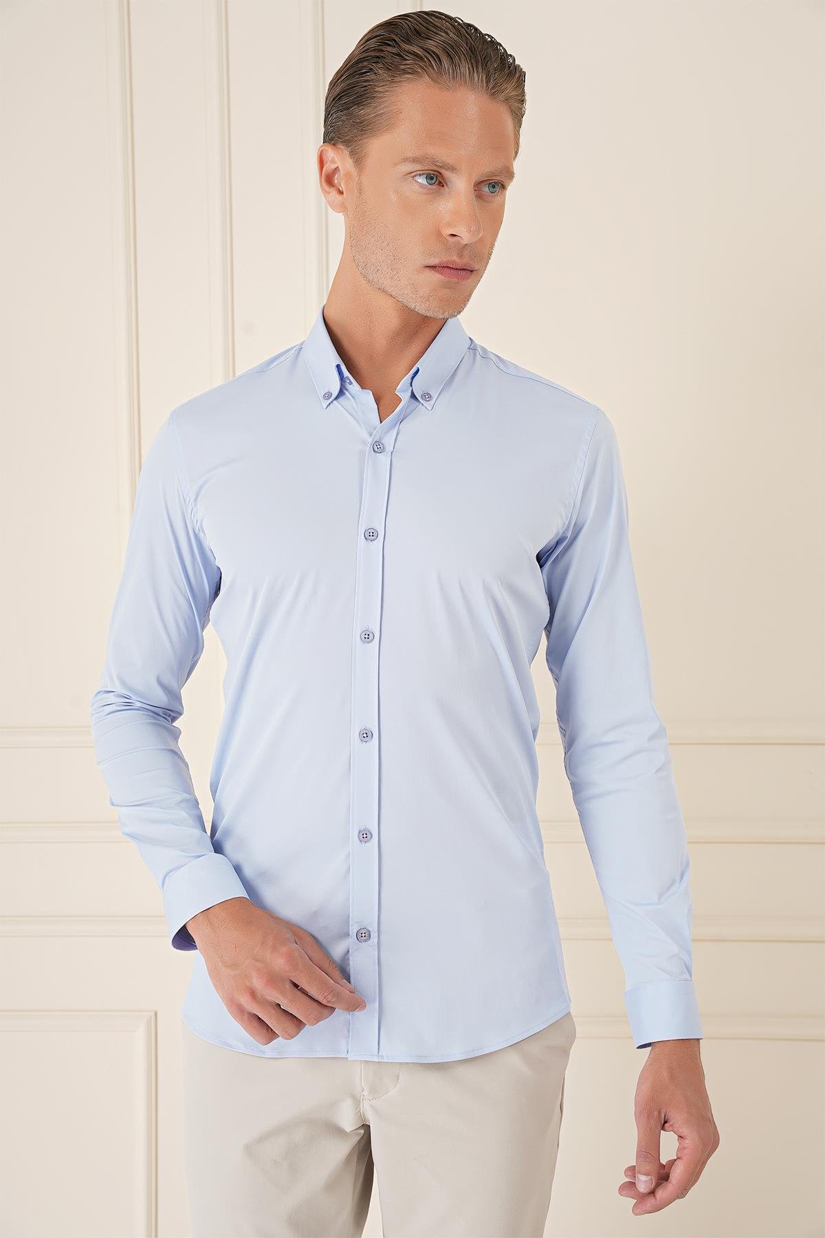 Slim Fit Düğmeli Yaka Esnek Pamuk Klasik Mavi Gömlek Gk 727