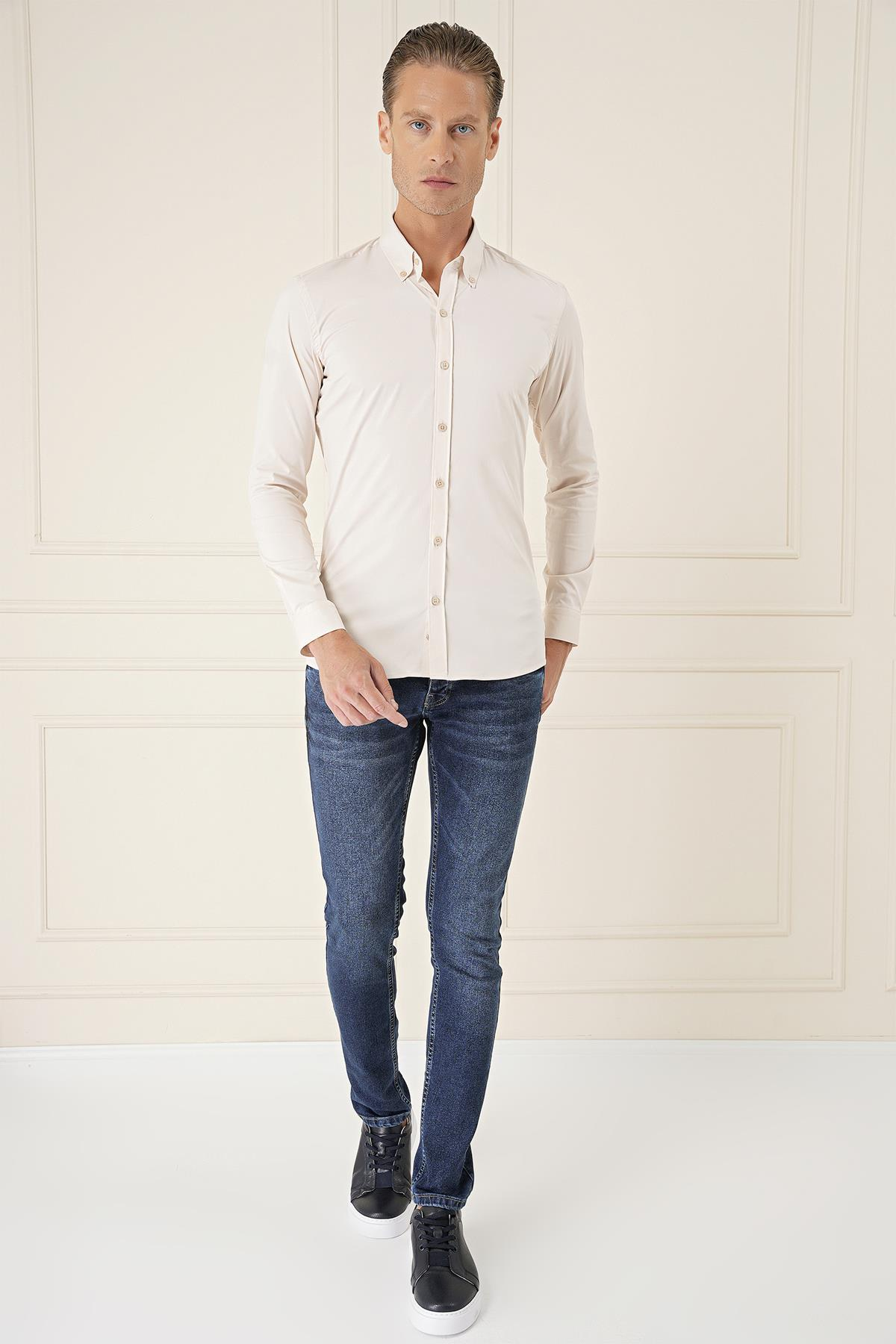 Slim Fit Düğmeli Yaka Esnek Pamuk Klasik Bej Gömlek Gk 727