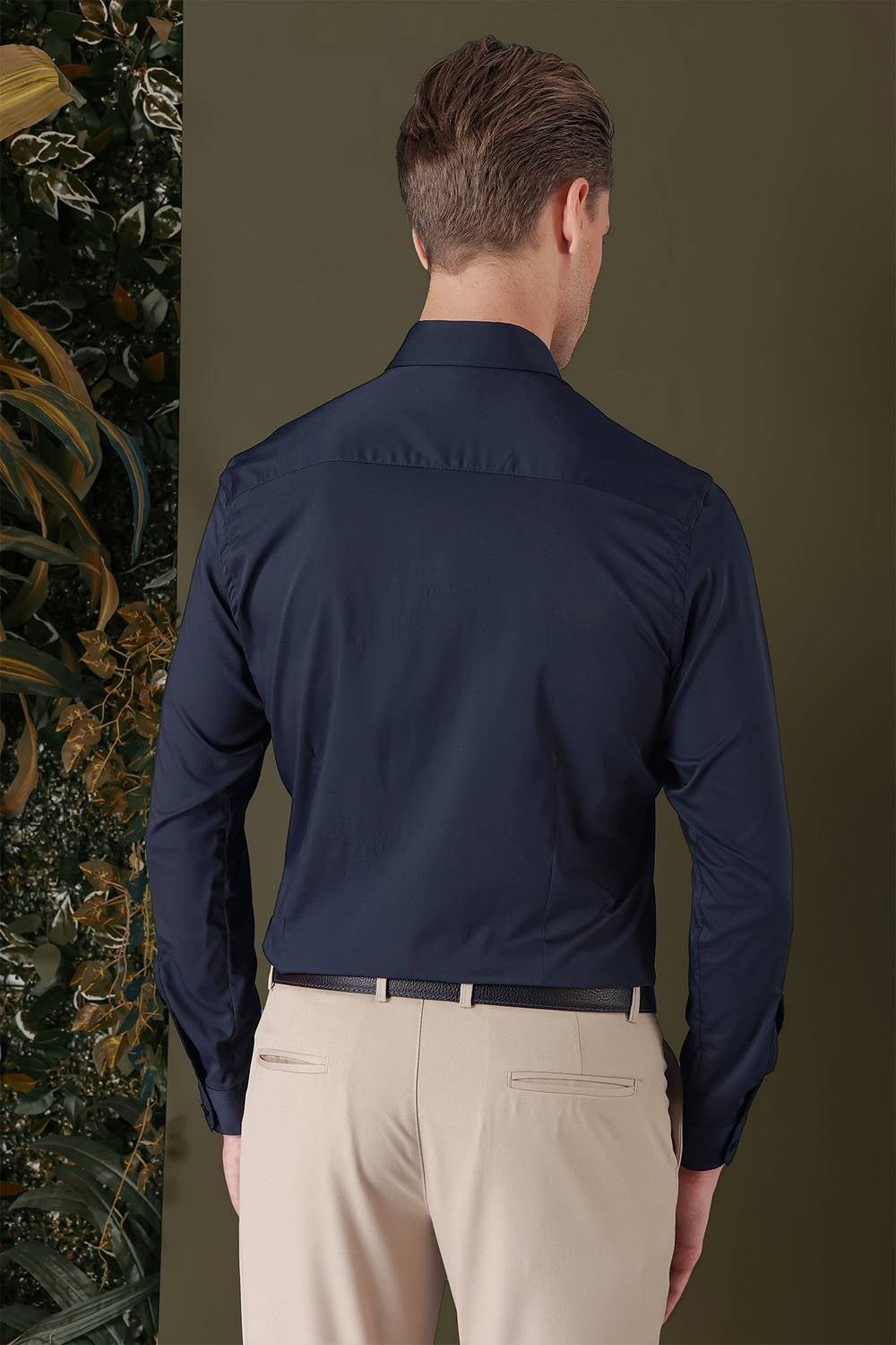 Slim Fit Düğmeli Yaka Esnek Pamuk Klasik Lacivert Gömlek Gk 708