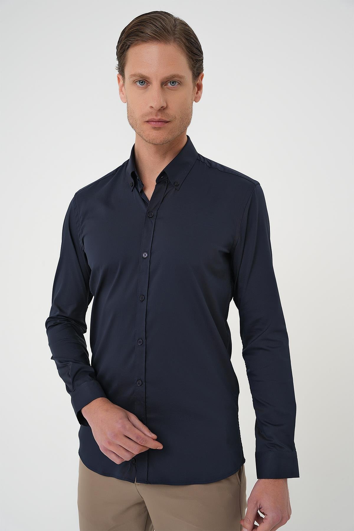 Slim Fit Düğmeli Yaka Esnek Pamuk Klasik Lacivert Gömlek Gk 727