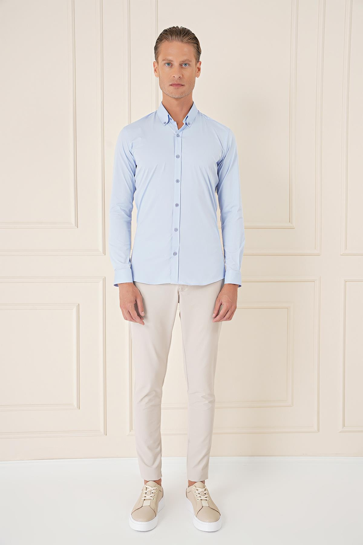 Slim Fit Düğmeli Yaka Esnek Pamuk Klasik Mavi Gömlek Gk 727