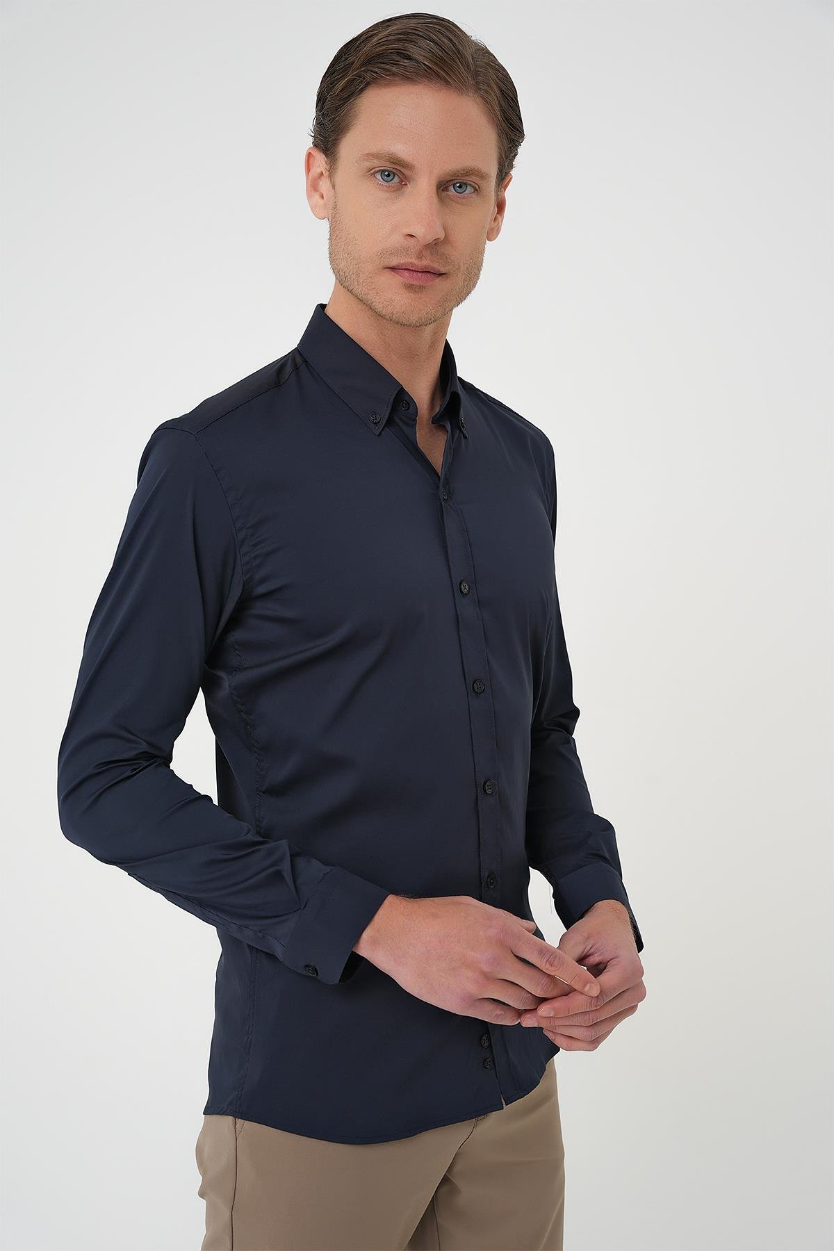 Slim Fit Düğmeli Yaka Esnek Pamuk Klasik Lacivert Gömlek Gk 727