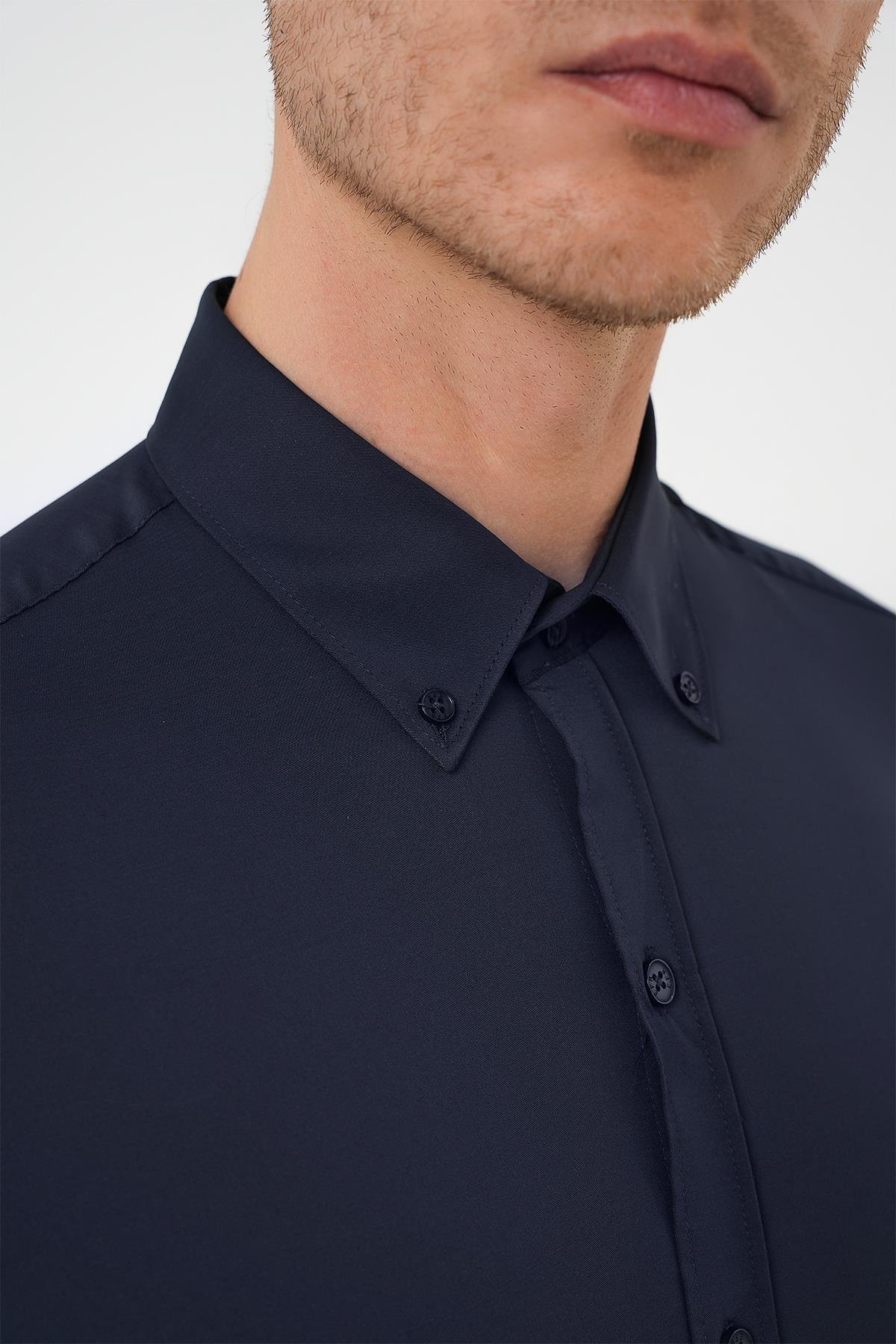 Slim Fit Düğmeli Yaka Esnek Pamuk Klasik Lacivert Gömlek Gk 727