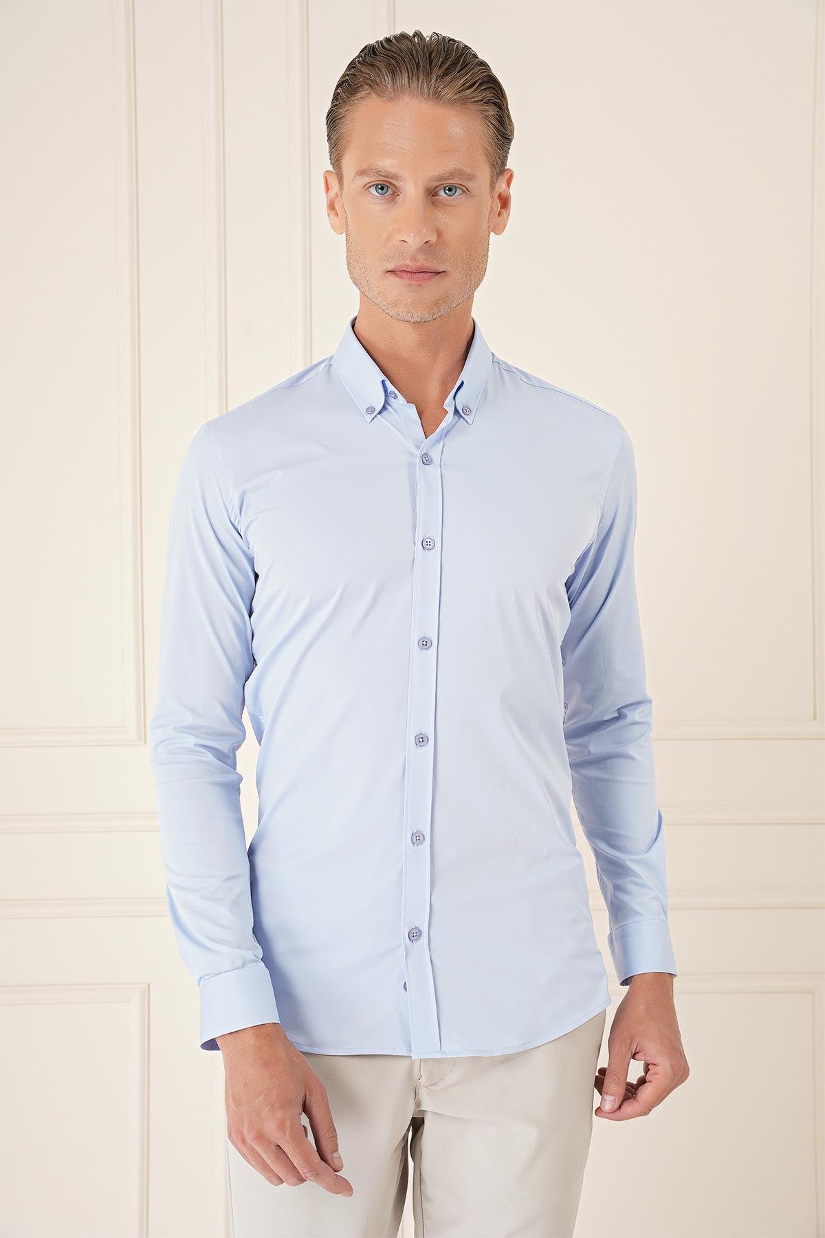 Slim Fit Düğmeli Yaka Esnek Pamuk Klasik Mavi Gömlek Gk 727