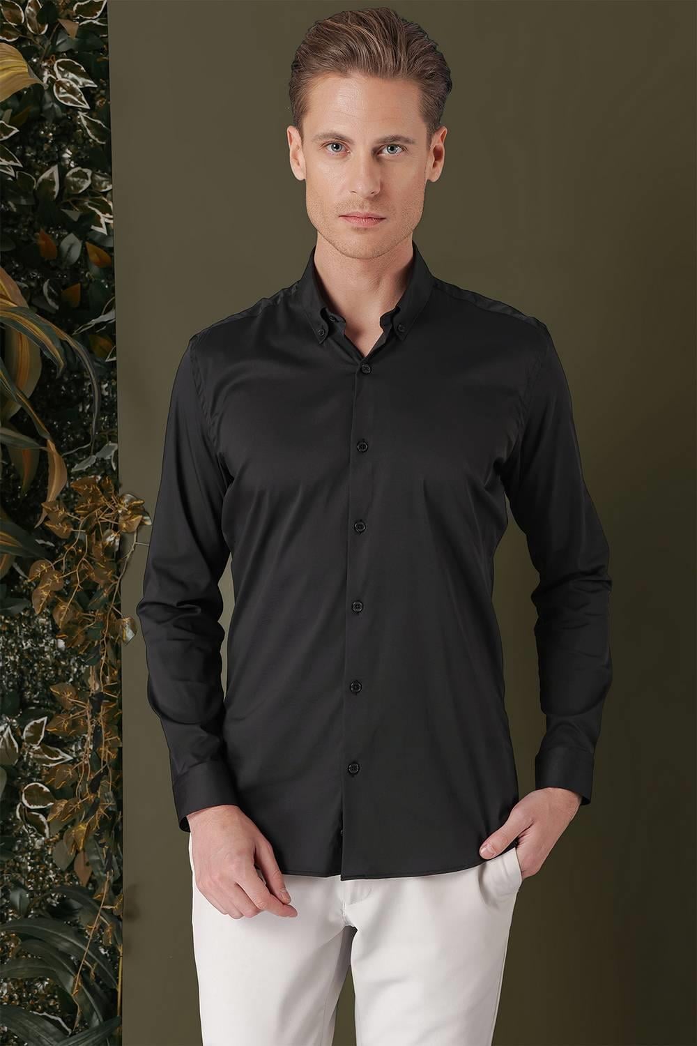 Slim Fit Düğmeli Yaka Esnek Pamuk Klasik Siyah Gömlek Gk 708