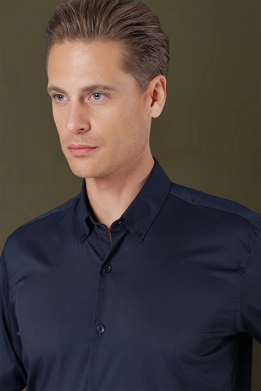 Slim Fit Düğmeli Yaka Esnek Pamuk Klasik Lacivert Gömlek Gk 708